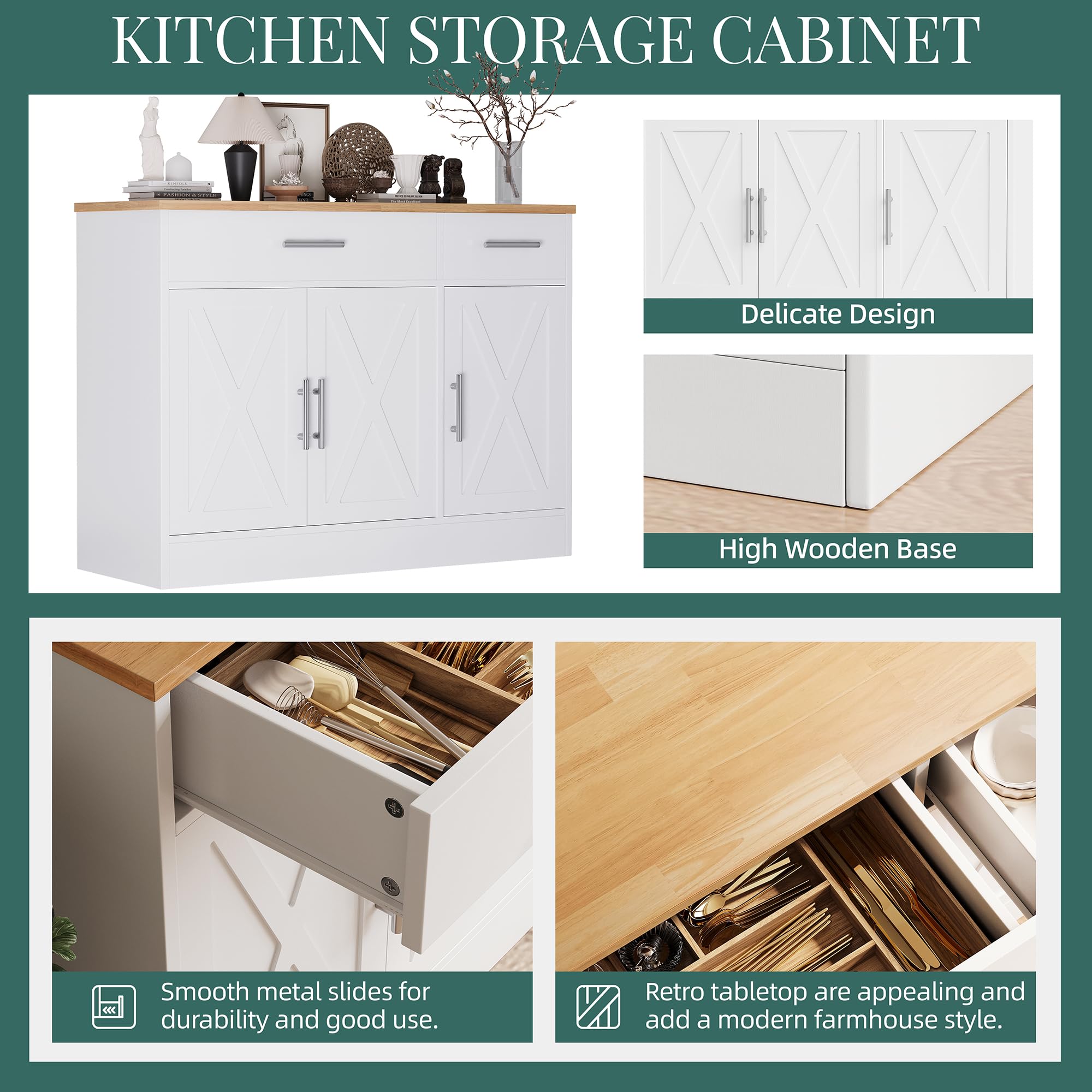 Modern Farmhouse Sideboard Buffet Cabinet with 3 Barn Doors & Adjustable Shelves - 42
