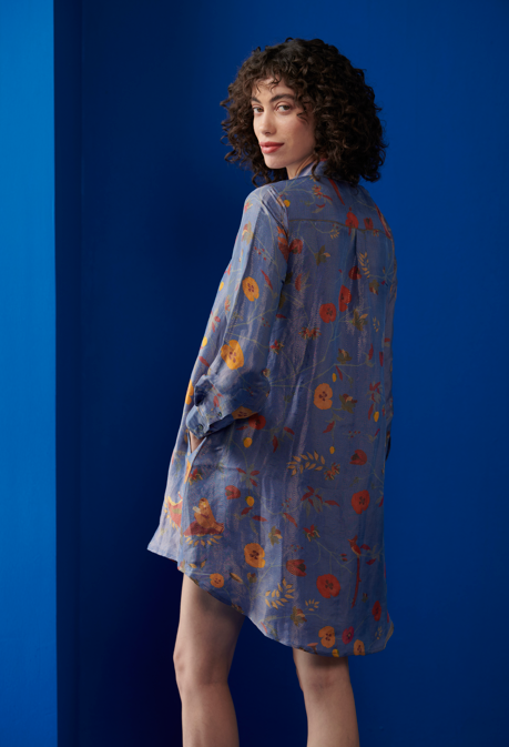 Luxury Oversized Silk Brocade Shirt for Women - Elegant Cobalt Blue Blouse - Perfect for Office Wear, Evening Parties & Special Occasions