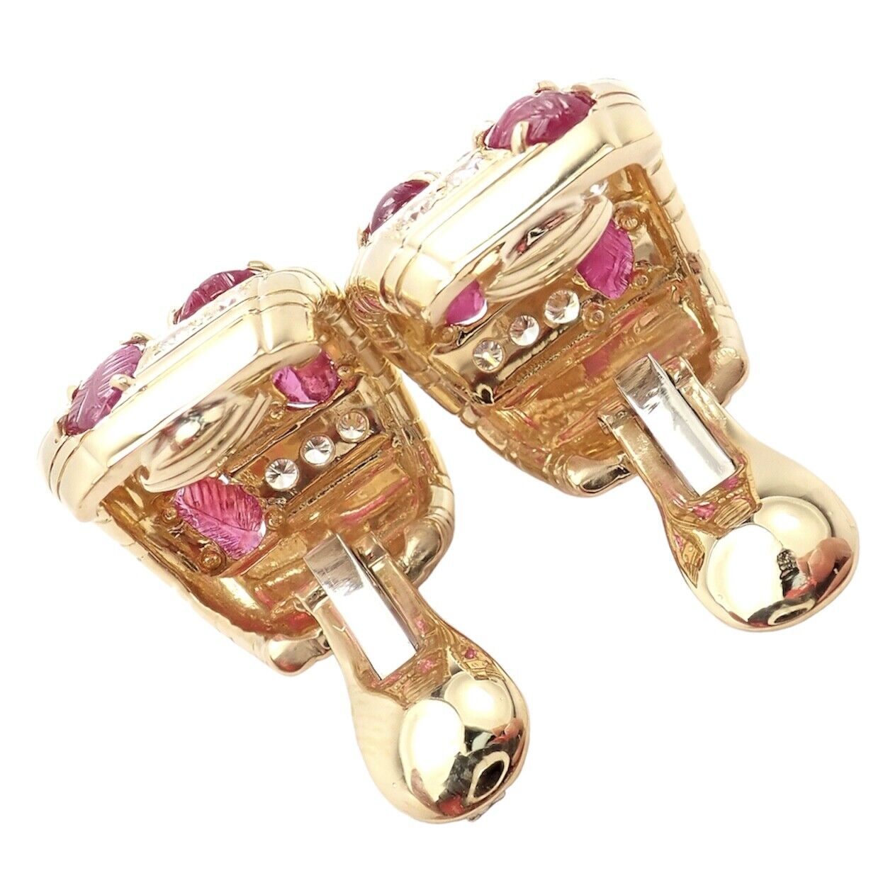 Vintage Andrew Clunn 18K Yellow Gold Diamond Carved Leaf Ruby Earrings - Elegant Antique Jewelry for Weddings, Parties & Special Occasions