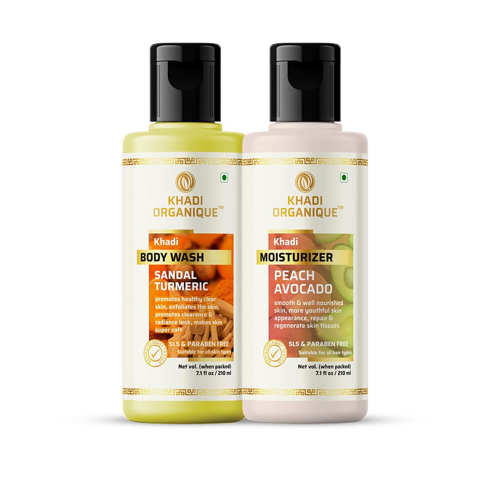 Khadi Organique Sandal Turmeric Body Wash & Peach Avocado Moisturizer Combo for Healthy Skin - Natural Ayurvedic Skincare Set for Dry & Sensitive Skin, Perfect for Daily Shower & Post-Bath Hydration