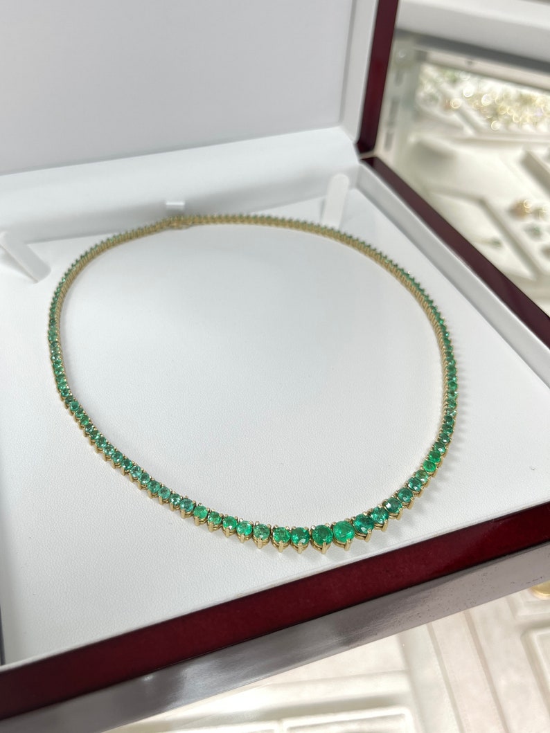 14K Gold Graduating Round Emerald Tennis Necklace - 22.25tcw Vivid Medium Dark Green Gemstones for Women, Perfect for Weddings, Parties & Special Occasions
