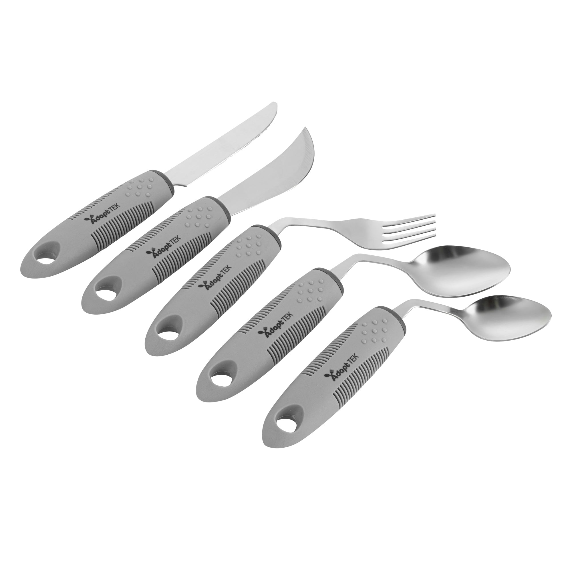 Adapt Tek Gray Stainless Steel 5-Piece Adaptive Offset Utensil Set for Left-Handed Users - Lightweight, Non-Slip Grip - Perfect for Arthritis & Limited Mobility - Kitchen & Dining Essentials (1 Count)