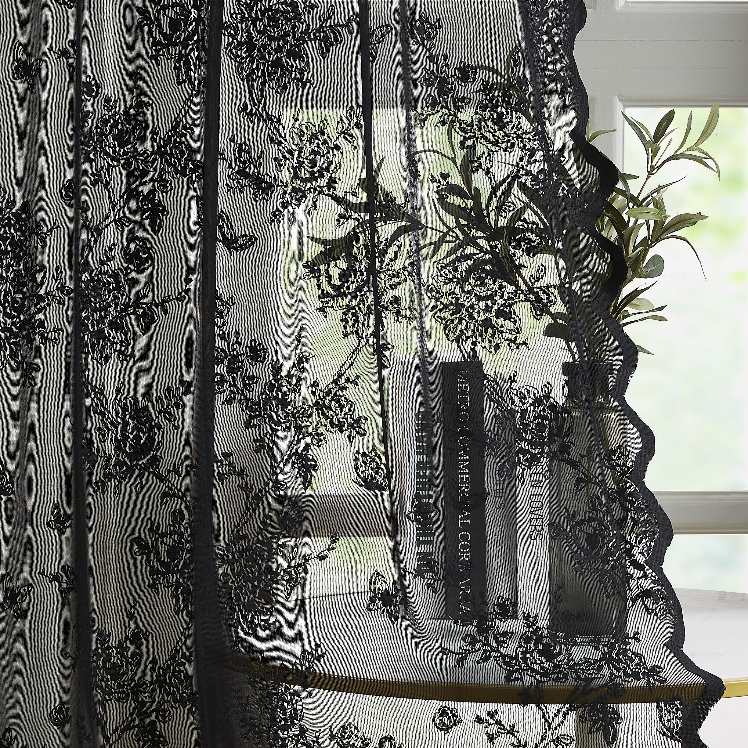 Bujasso Black Lace Curtains - Vintage Floral Sheer Drapes 54x84 Inches, Light Filtering Rod Pocket Gothic Scalloped Window Treatments for Living Room, Bedroom, Halloween Decor & Victorian Style Home Decor
