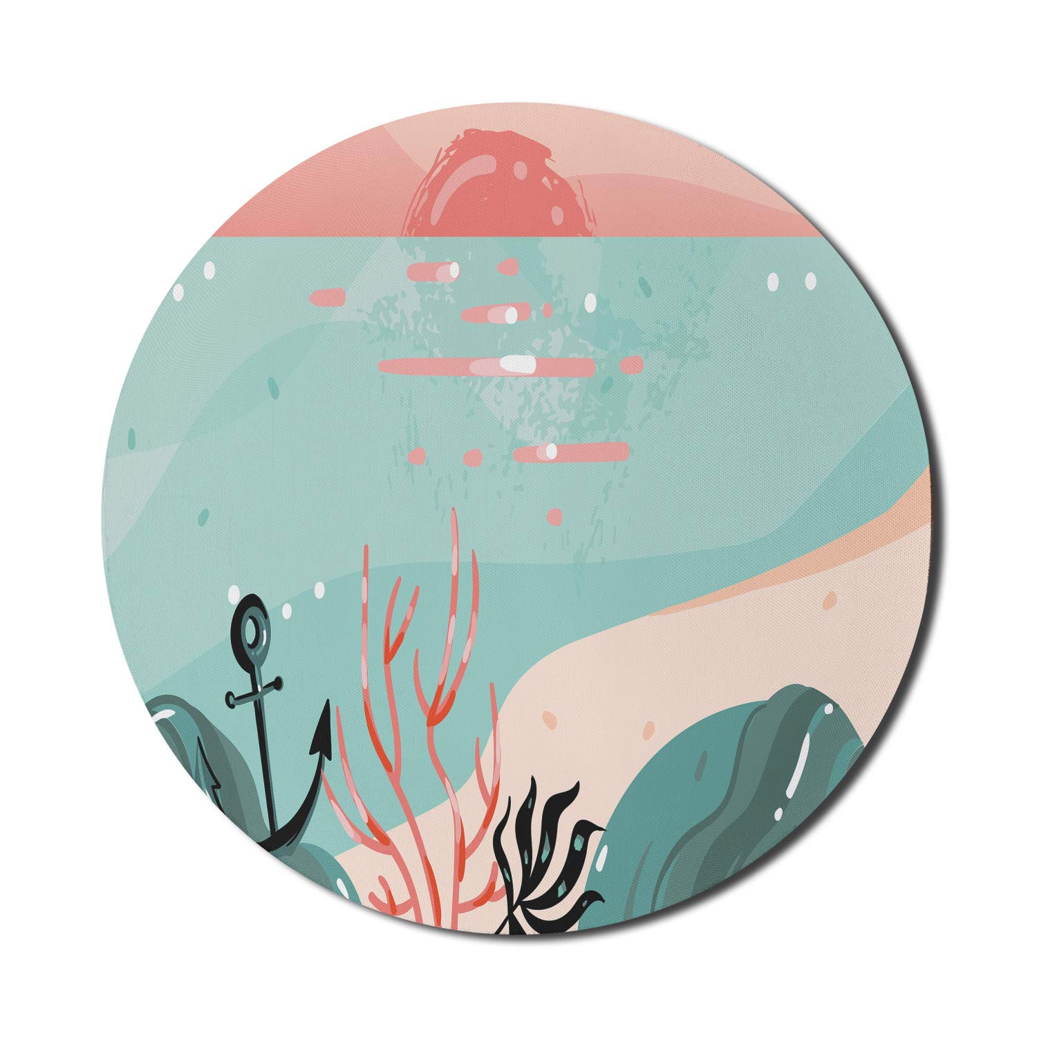 Ambesonne Round Non-Slip Gaming Mouse Pad - 8 Inch Abstract Underwater Coral & Anchor Design, Thick Rubber Base for Computers & Office Use | Perfect for Gaming, Workstations & Beach-Themed Decor
