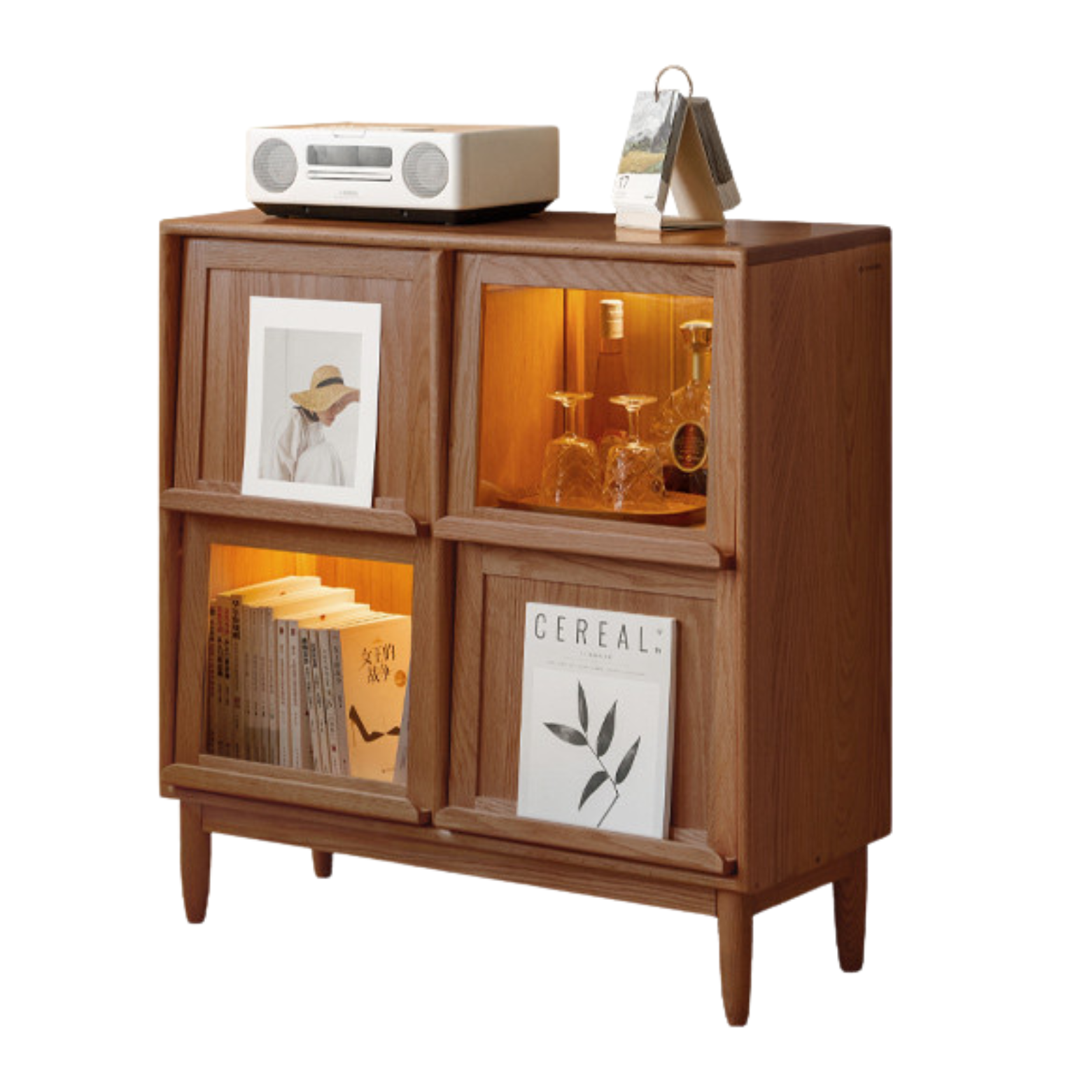 35.4x13.8x36.6 inch / 90x35x93 сm / Walnut Color / oak Bookcase with Four Flip Doors