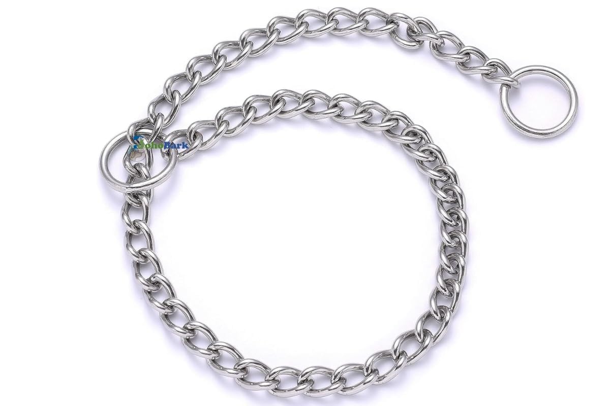 BohoBark Chrome Plated Dog Training Choke Chain Collar - 2cm Thick Adjustable Silver Choke Chain with Metal Rings for Dog Tags (12-24 inch) - Perfect for Obedience Training, Walking & Behavior Correction