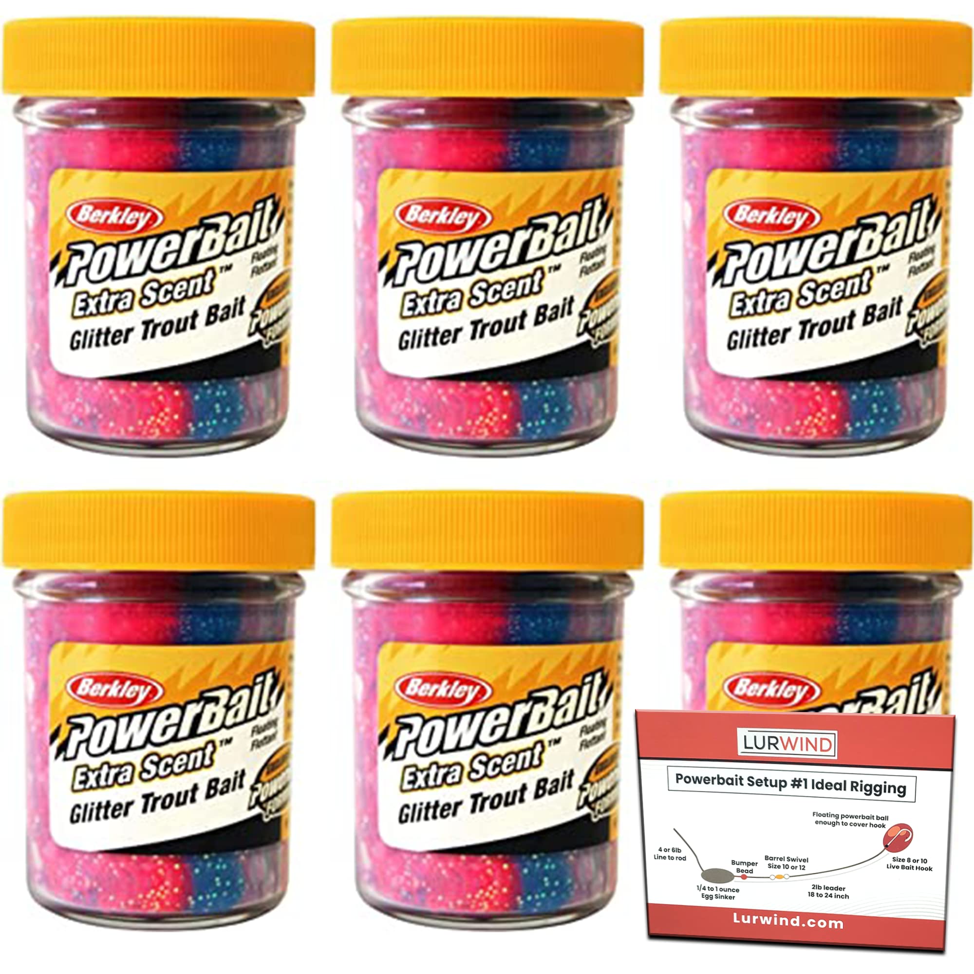 Lurwind Berkley PowerBait Combo Glitter Trout Dough Bait Bundle - 6-Pack with Rigging Guide - Floating Trout Nibble for Freshwater & Saltwater Fishing - Premium Trout Fishing Baits & Attractant - Ideal for Streams, Lakes, and Shoreline Fishing