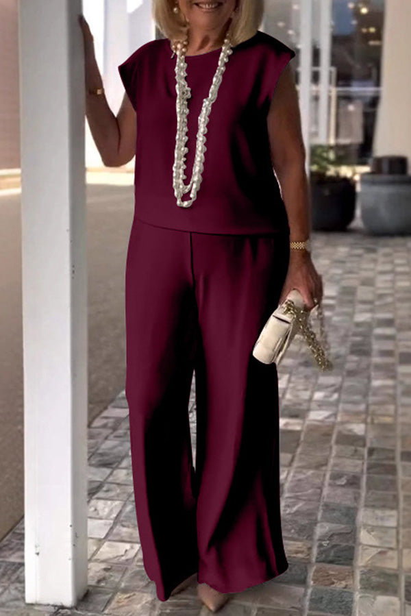 Solid Color Crew Neck Sleeveless Top & Pocket Straight Leg Pants Set - Women's Casual 2-Piece Outfit for Summer, Work, Travel & Everyday Wear