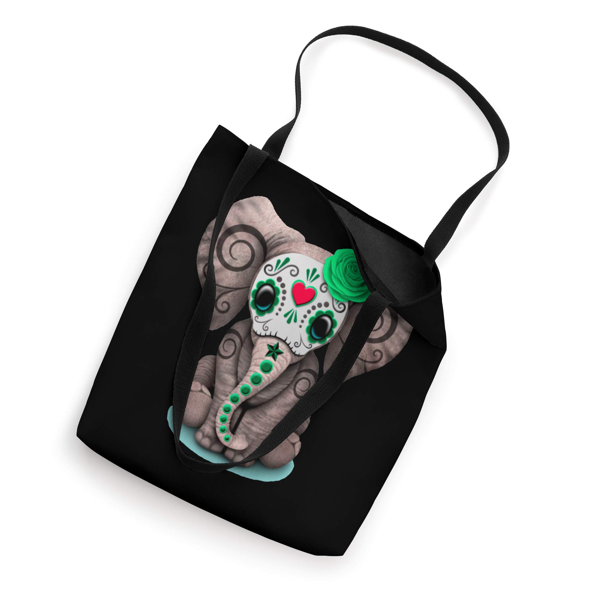 Day of the Dead Sugar Skull Green Rose Elephant Tote Bag - Perfect for Halloween Parties, Dia de los Muertos Celebrations & Everyday Use