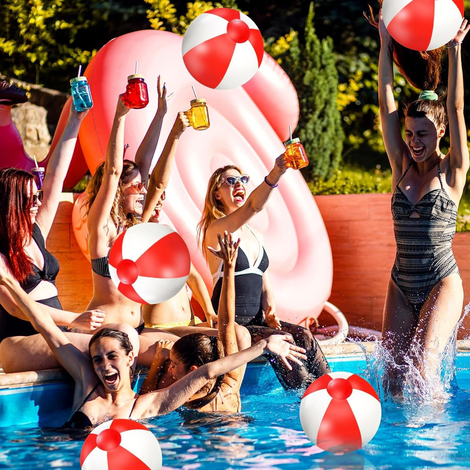 Whaline 16Pcs 16-Inch Red & White Inflatable Beach Balls - Premium PVC Pool Toys for Summer, Hawaiian Tropical Theme Party Decorations - Perfect for Beach Games, Water Play & Sand Activities - Fun Outdoor Party Accessories for Kids & Adults