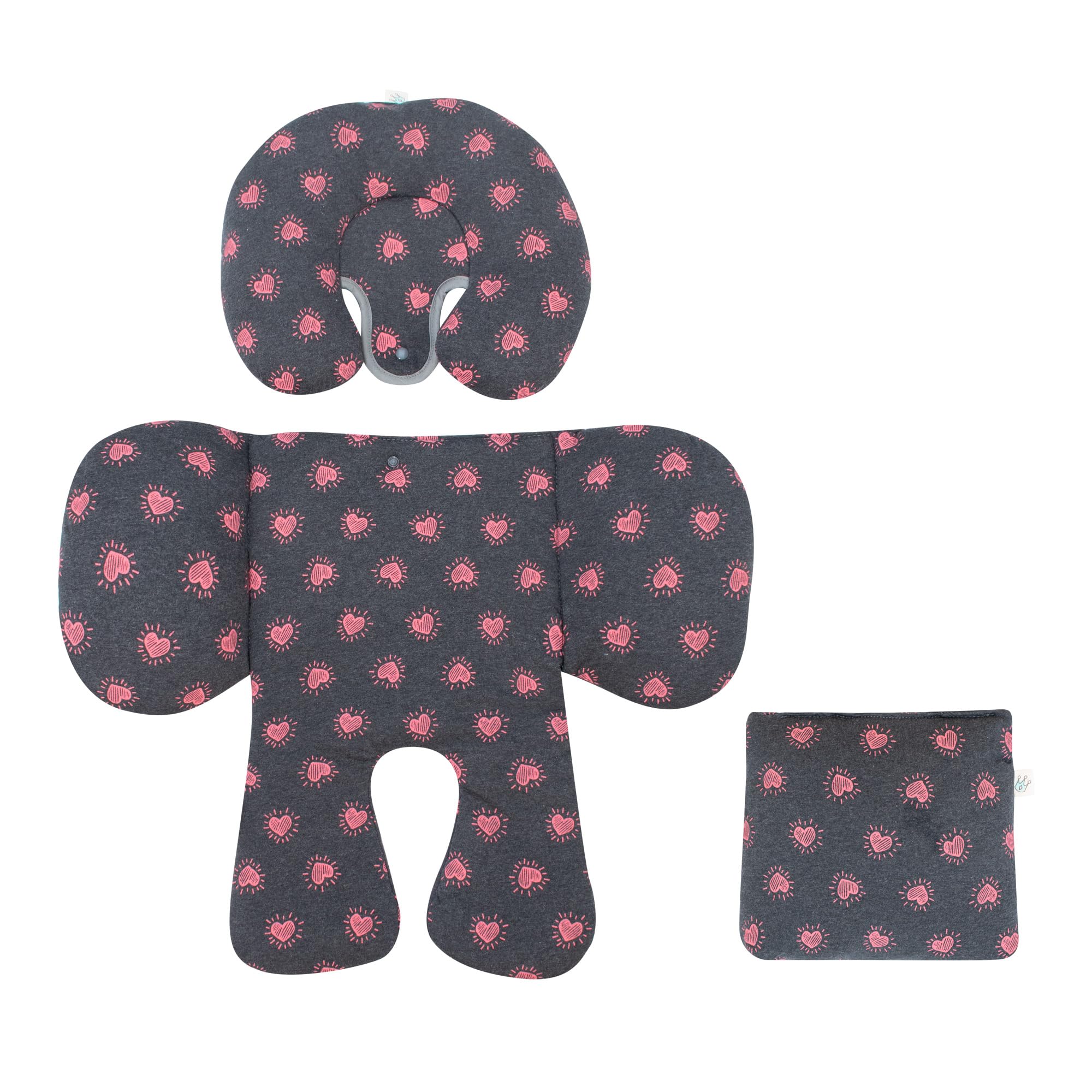 JYOKO Baby Head Support Pillow - 100% Cotton Infant Body & Back Cushion - Hypoallergenic 3-Piece Set (Heart Design) for Newborns & Toddlers - Perfect for Car Seats, Strollers & Nursing