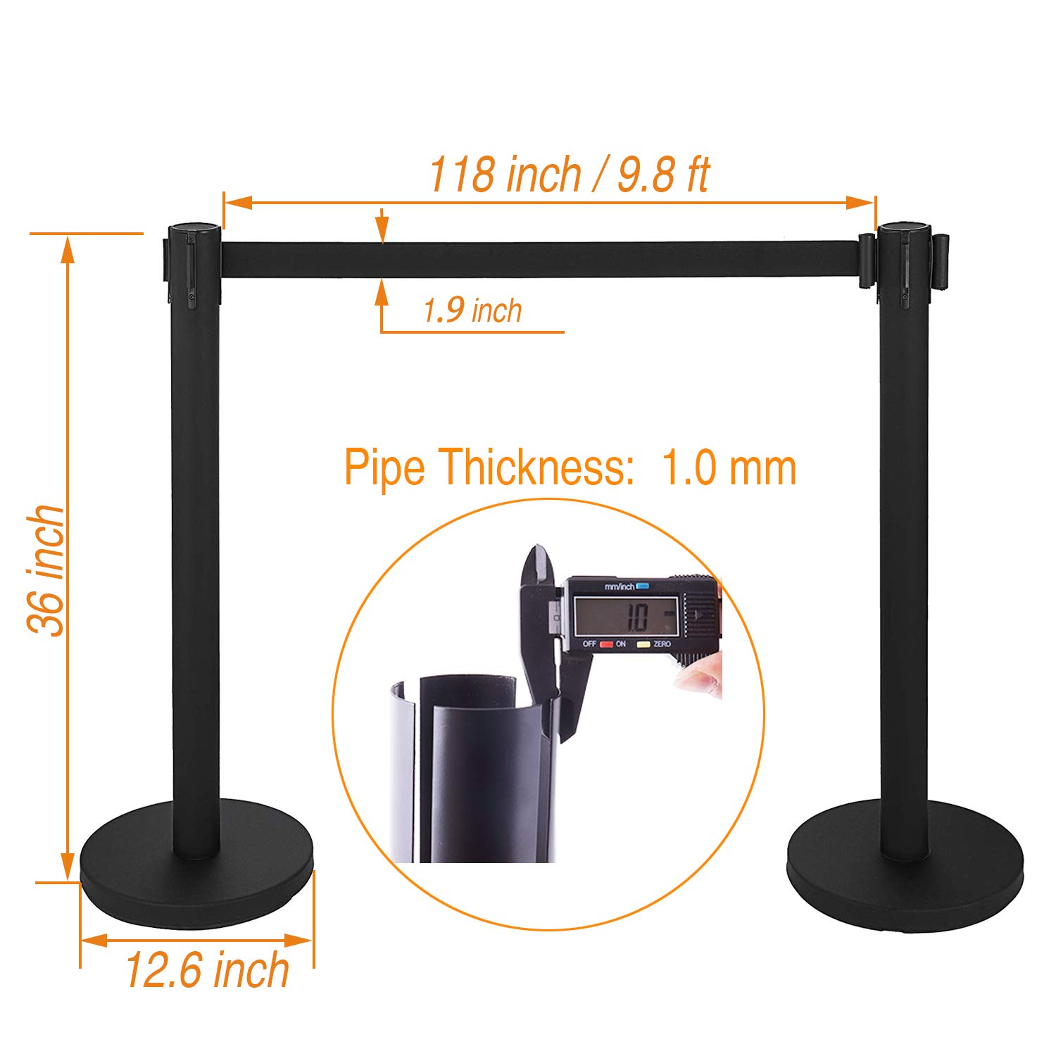 2 PCS Heavy Duty Premium Steel Stanchion Barrier Poles with 9.8-Foot Retractable Black Belt - Crowd Control for Events, Concerts, and Retail Stores | Easy Assembly & 4-Way Connect | Safety Locking Belt | Indoor & Outdoor Use