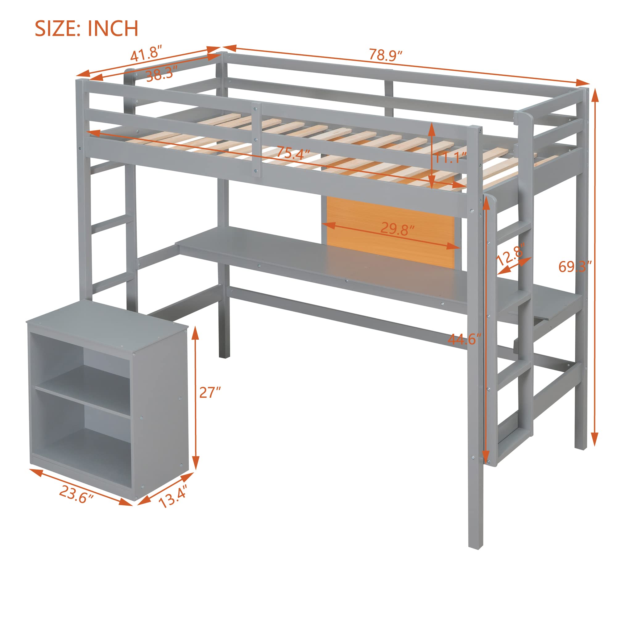 Gray Twin Loft Bed with Desk & Drawers - Space-Saving Study Solution