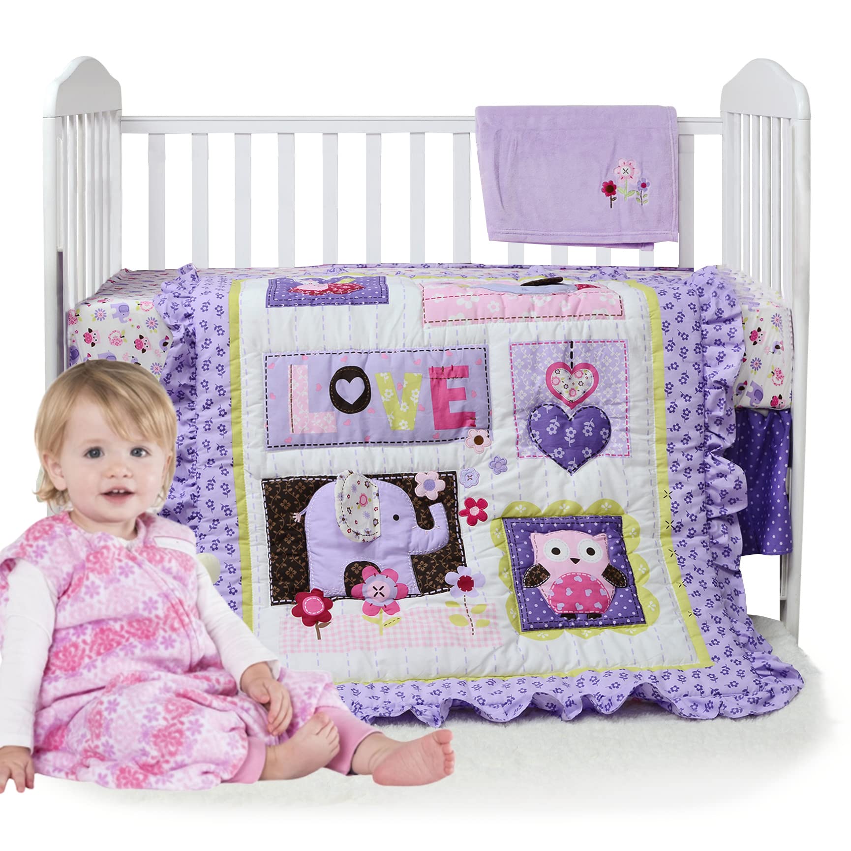 Brandream 3-Piece Purple Cotton Crib Bedding Set for Baby Girls - Floral Patchwork with Elephant & Owl Design, Ruffled Trim, Breathable & Healthy Nursery Bedding | Perfect for Princess-Themed Rooms, Baby Showers & Newborn Gifts