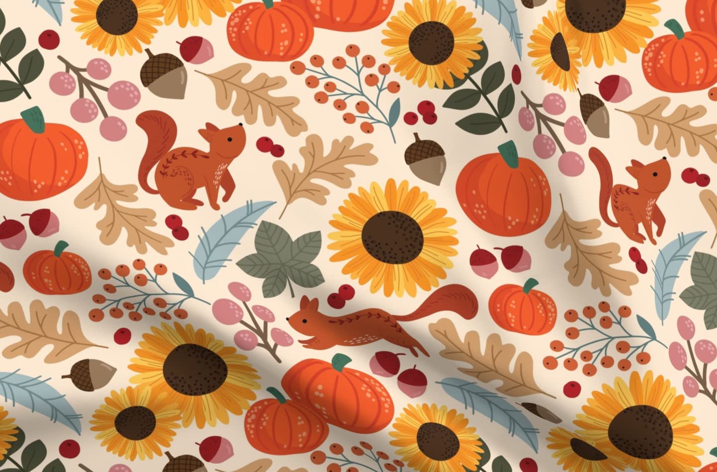 Autumn Garden with Squirrels Printed Satin Fabric Fat Quarter - Premium Spoonflower Fabric for Sewing, Lining, Apparel, Fashion, Blankets & Home Decor - Perfect for DIY Crafts, Quilting, and Seasonal Home Decoration