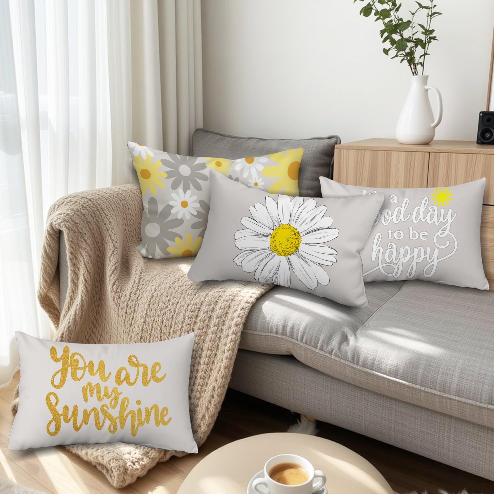 Hexagram Spring Summer Pillow Covers Set of 4 - 12x20 Inch Yellow Grey Decorative Throw Pillow Covers with Sunflower Design for Living Room, Bedroom & Outdoor Decor