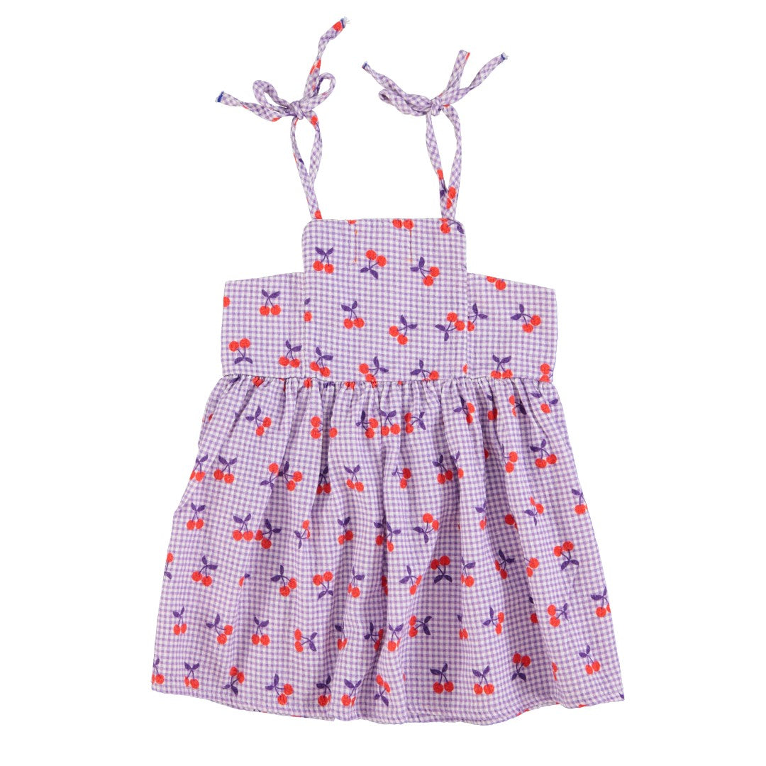 Piupiuchick Women's Purple & White Checkered Cherry Print Long Dress - Elegant Summer Maxi Dress for Beach, Party & Casual Wear