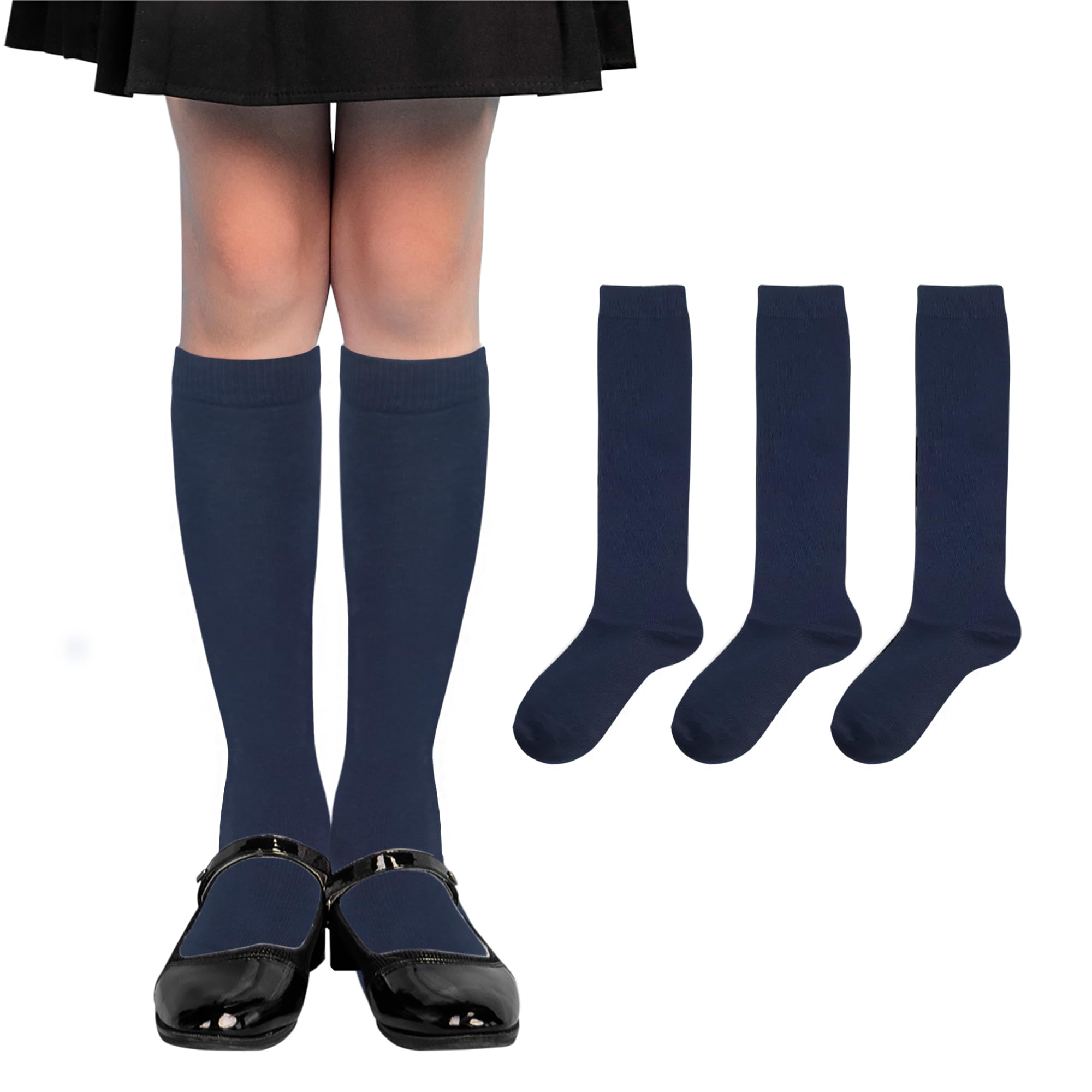 YEJIMONG Girls Knee High Socks - 3 Pairs School Uniform Cotton Long Socks for Kids & Boys (Black, White, Navy Blue) 4-16 Years - Perfect for School Outfits, Dress Uniforms & Everyday Wear