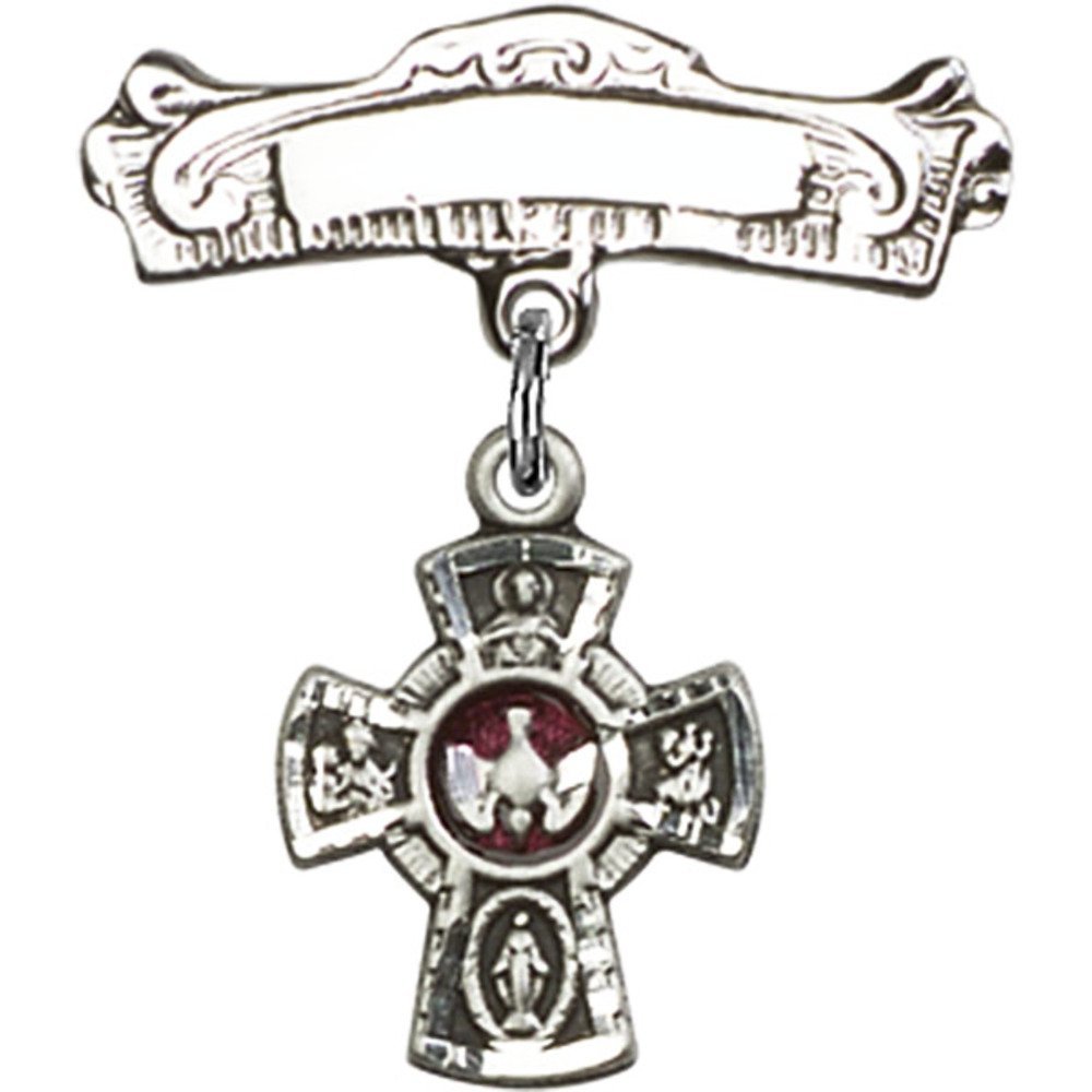 Sterling Silver Baby Badge with Red 5-Way Charm and Arched Polished Badge Pin - 1 X 7/8 inches - Perfect for Christenings, Baby Showers, and First Birthday Gifts