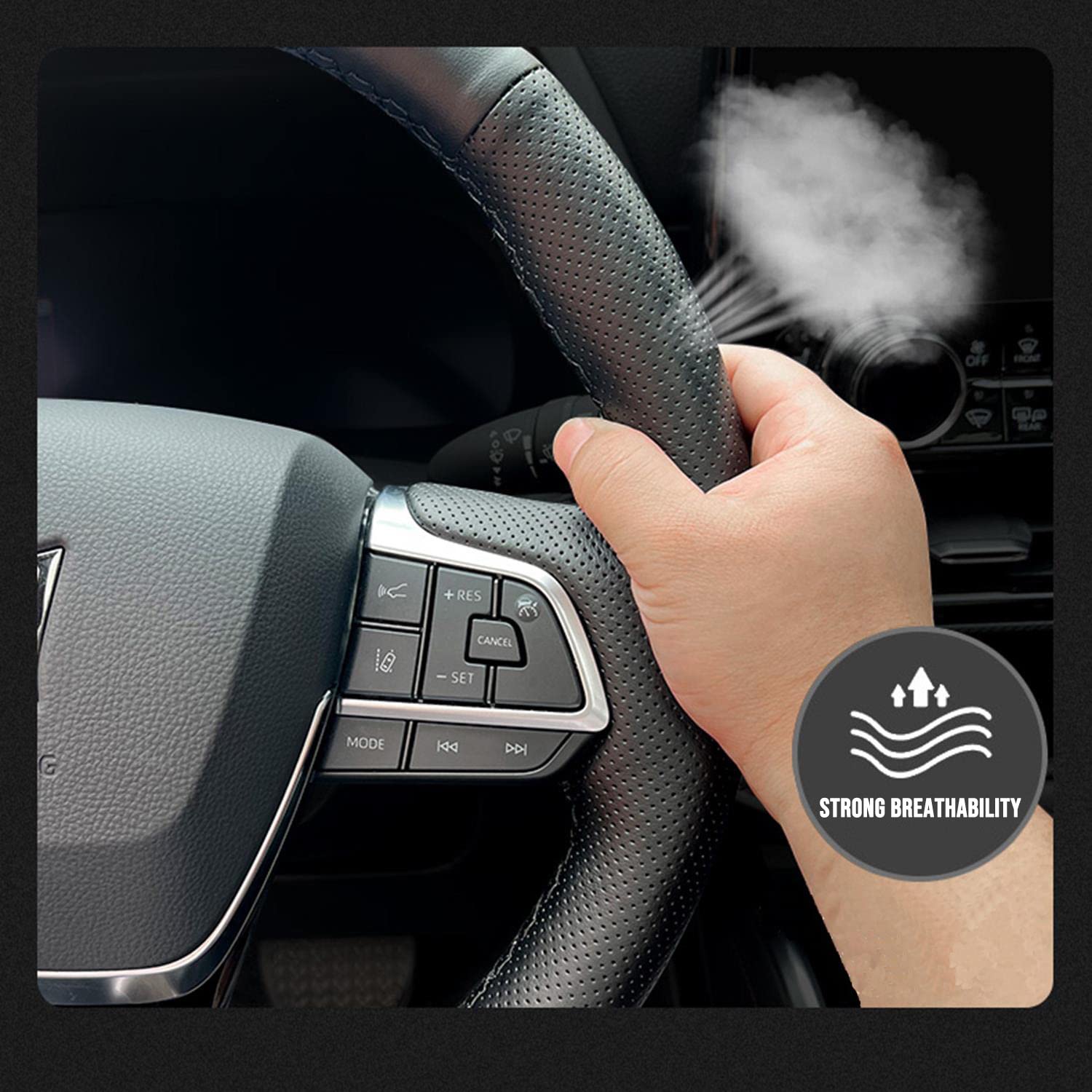 Premium Black Perforated Leather Steering Wheel Cover - Hand-Sewn Custom Fit for Toyota Highlander 2020 2021 2022 Models - Interior Protection & Enhanced Grip for Comfortable Driving