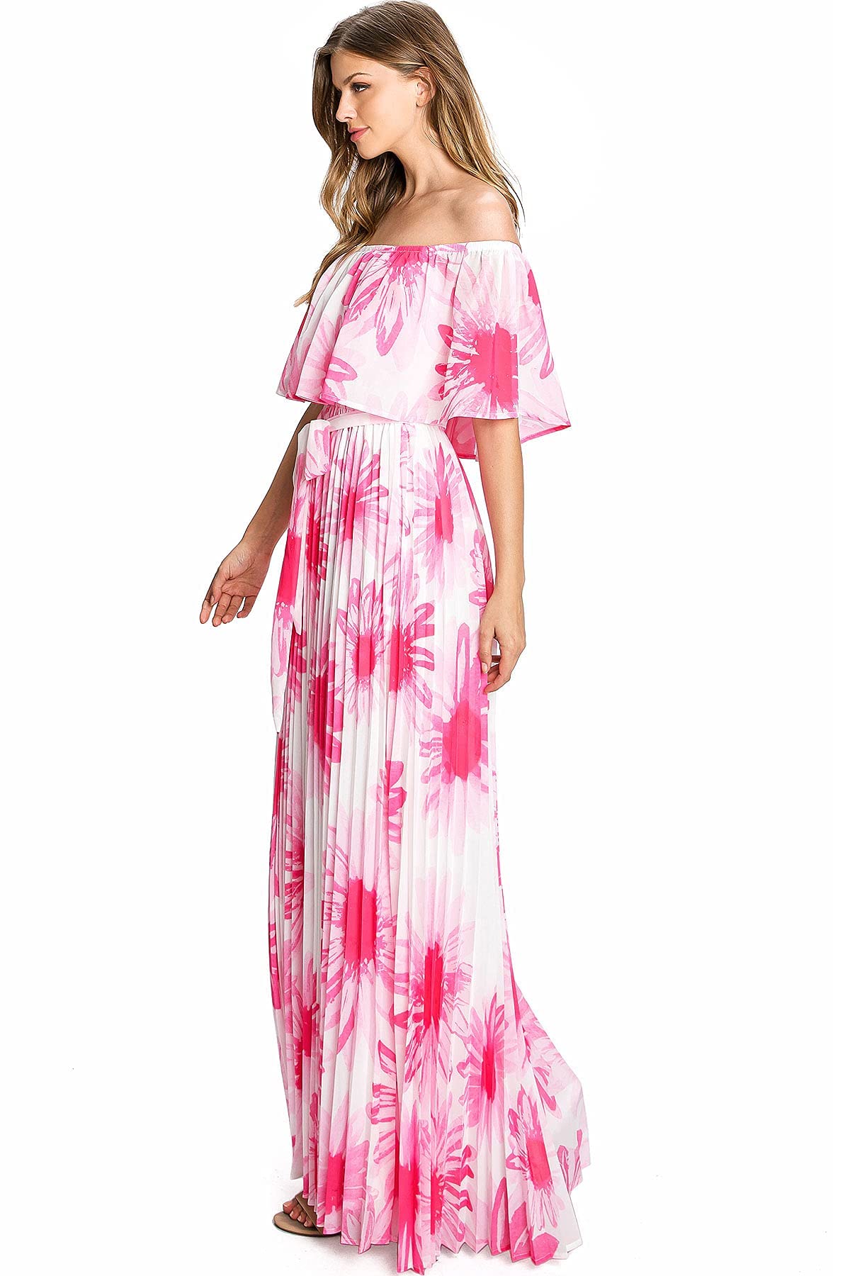 Flying Tomato Off Shoulder Neon Floral Pleated Maxi Dress - Women's Summer Beach Party Dress for Vacations & Night Out