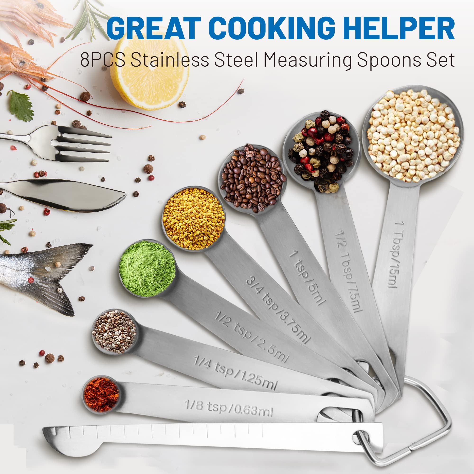 8-Piece Stainless Steel Measuring Spoons Set - Heavy Duty 18/8 Steel with Metric & US Measurements - Tablespoon & Teaspoon for Dry/Liquid Ingredients - Perfect for Baking, Cooking & Meal Prep