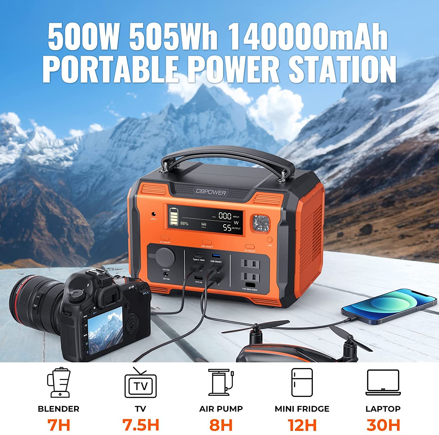 DBPOWER PWPG0009 500W 505Wh 140000mAh Portable Power Station with LED Light - Solar Battery Generator for Camping, Outdoor Adventures & Emergency Backup Power
