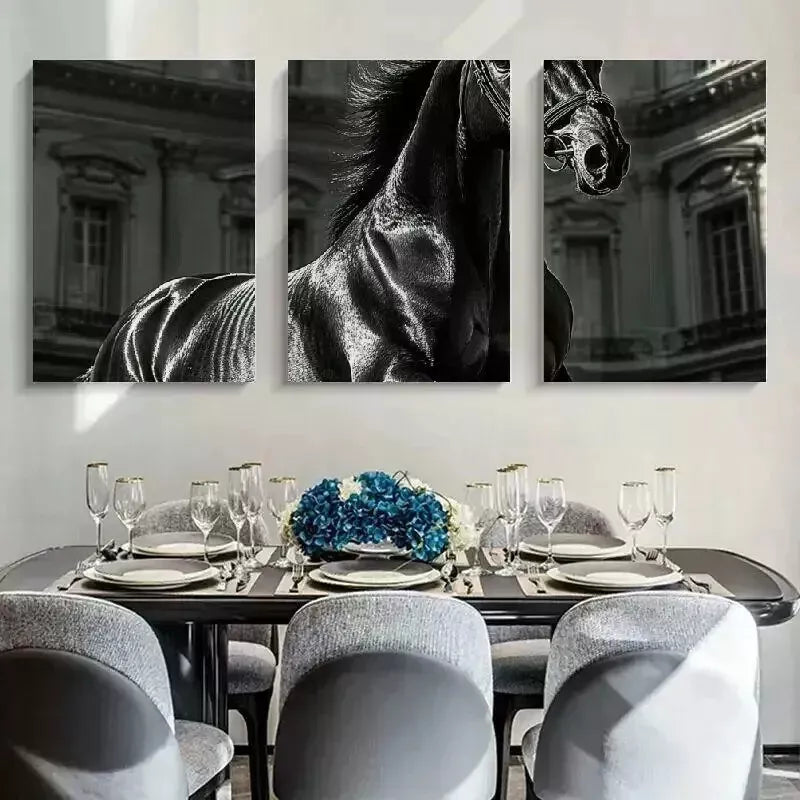3-Piece Black Horse Black & White Wall Art Set - Framed Canvas Prints 50x70cm - High Quality Australian Made - Ready to Hang - Perfect for Living Room, Bedroom & Office Decor