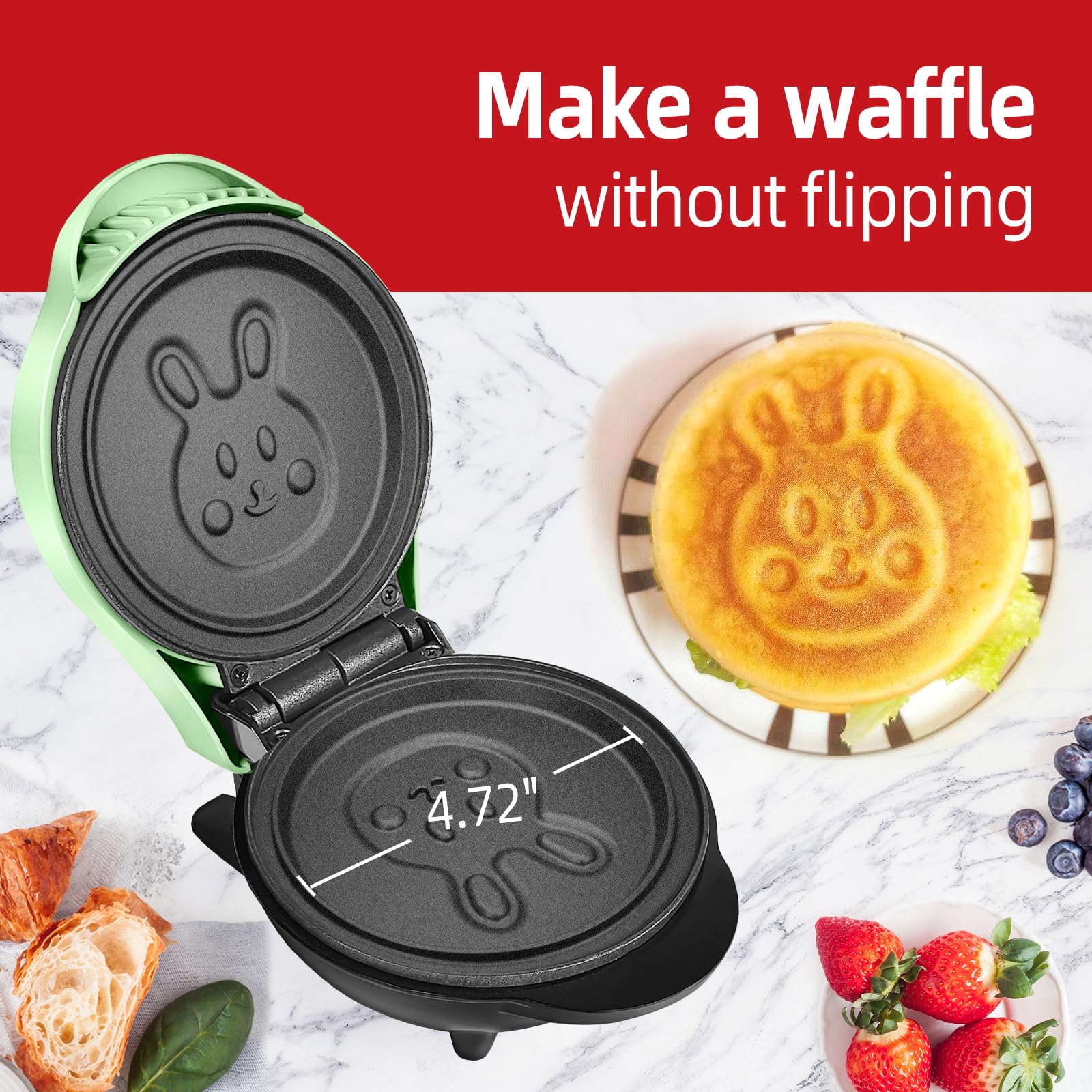 Mini Waffle Maker 600W - Electric Nonstick Cartoon Rabbit Shape Waffle Iron for Kids - Perfect for Breakfast, Snacks & Party Treats