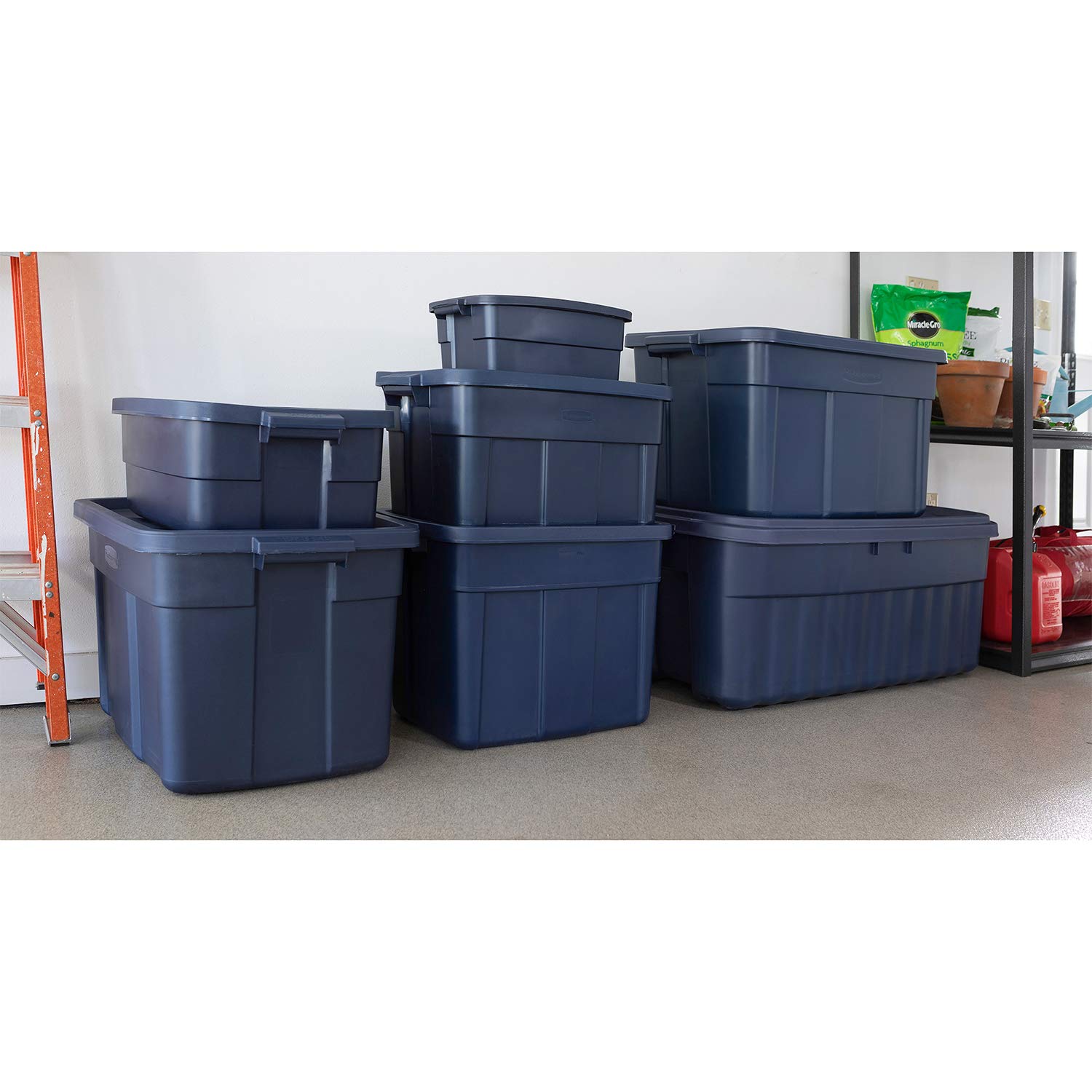 Rubbermaid Roughneck 18 Gallon Heavy-Duty Plastic Storage Bins with Latching Lids - 12 Pack Dark Indigo Metallic Totes for Home, Office & Garage Organization | Perfect for Seasonal Decor, Toys & Tool Storage