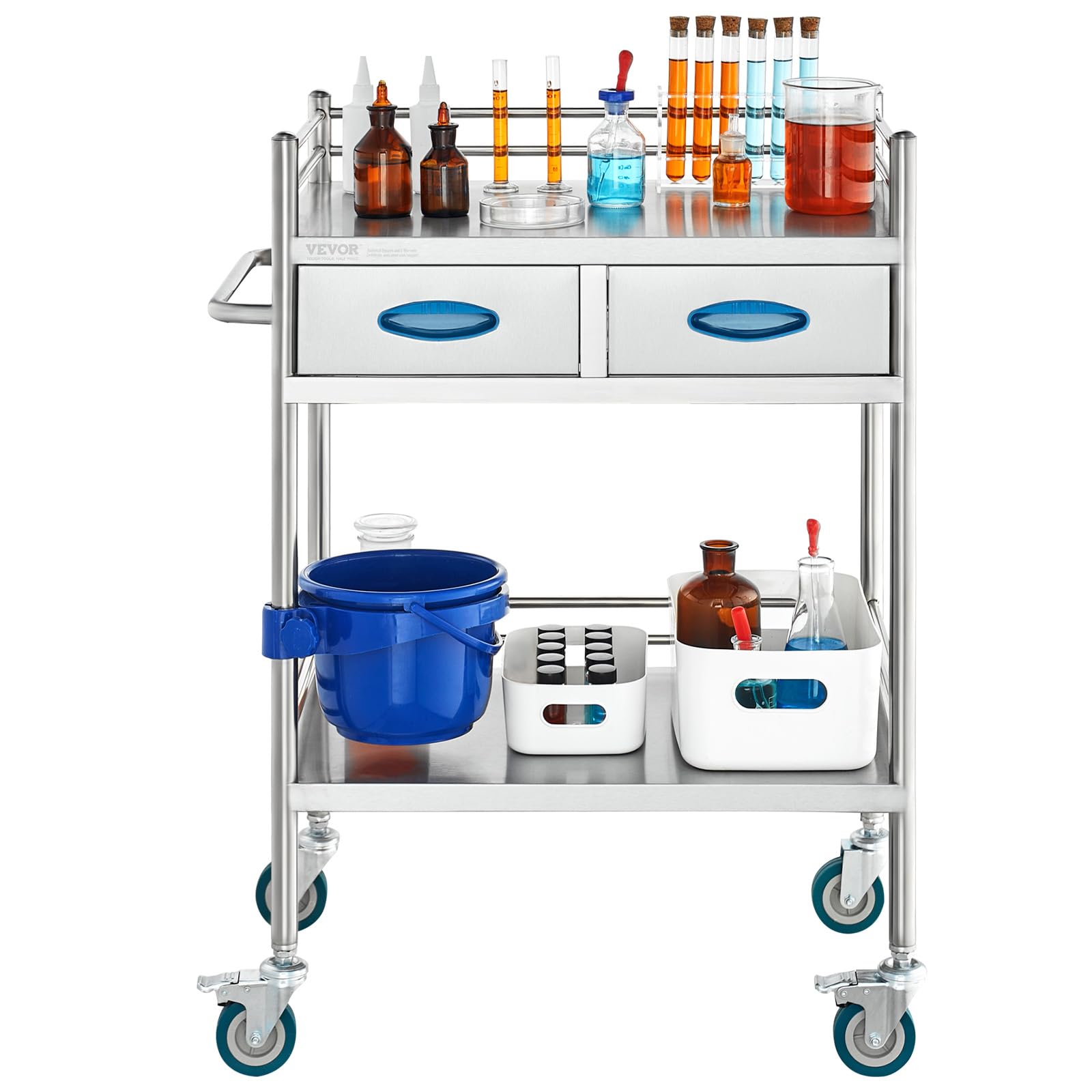 VEVOR Stainless Steel 2-Tier Medical Utility Cart with Lockable Wheels, 2 Drawers & Bucket - Mobile Lab Serving Cart for Hospital, Dental Clinic & Laboratory Use
