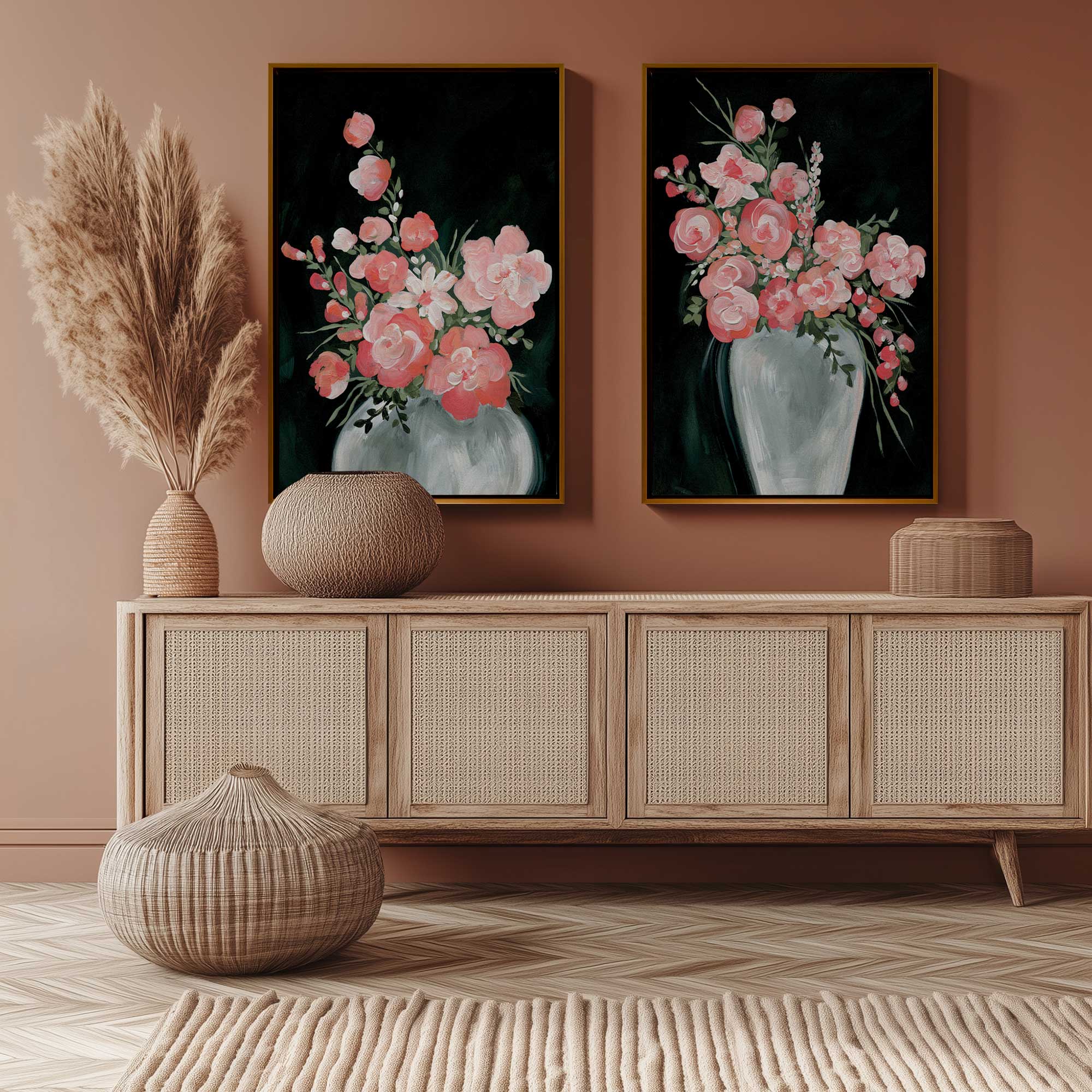 Beautiful Coral Blossoms Canvas Wall Art - Set of 2 Framed Floral Prints for Home Decor, Living Room & Bedroom