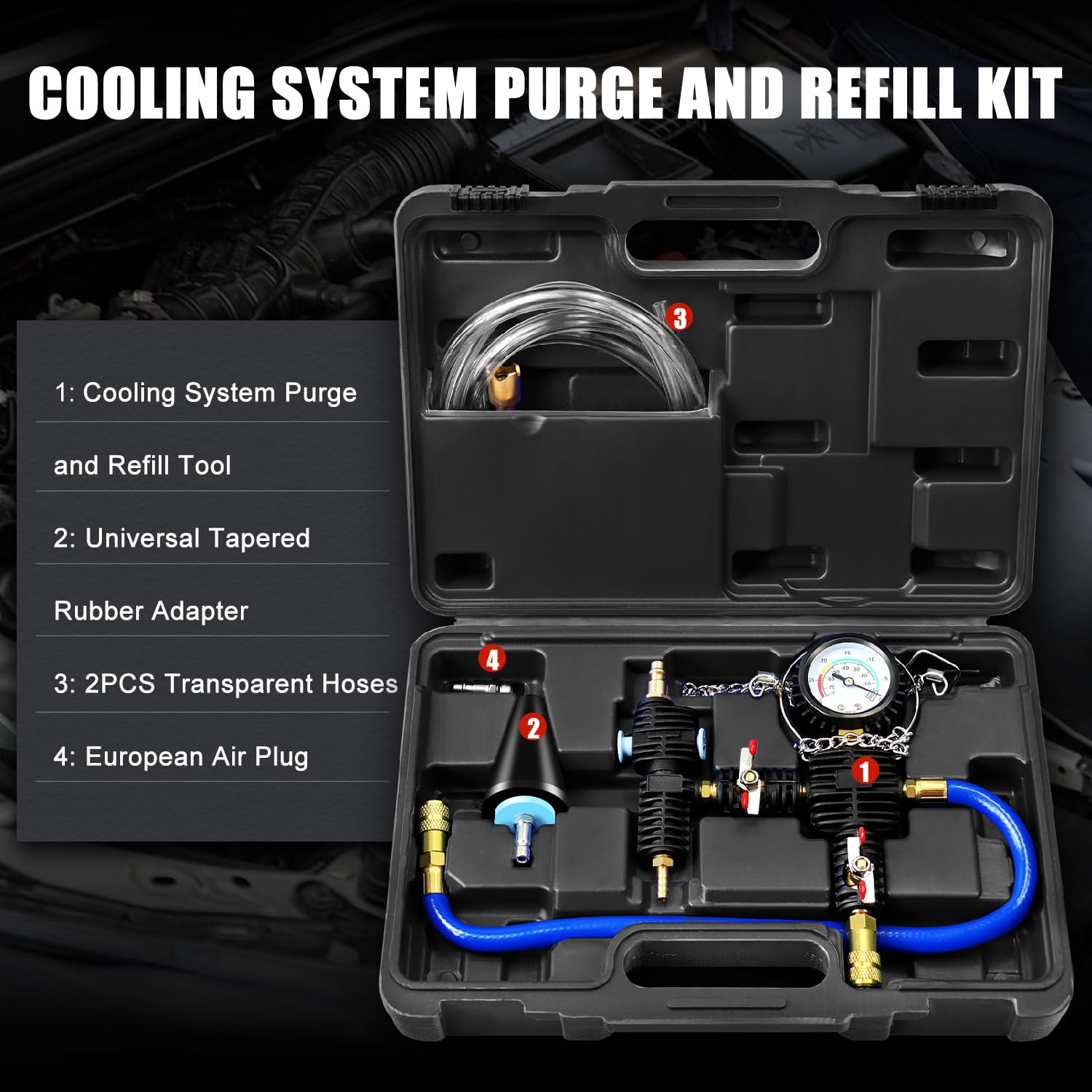 JIFETOR Universal Automotive Cooling System Vacuum Purge Kit - Radiator Coolant Refill Tool with Adapters, Case & Hose for Car, Van, SUV, Truck - Perfect for Antifreeze Change & Cooling System Maintenance