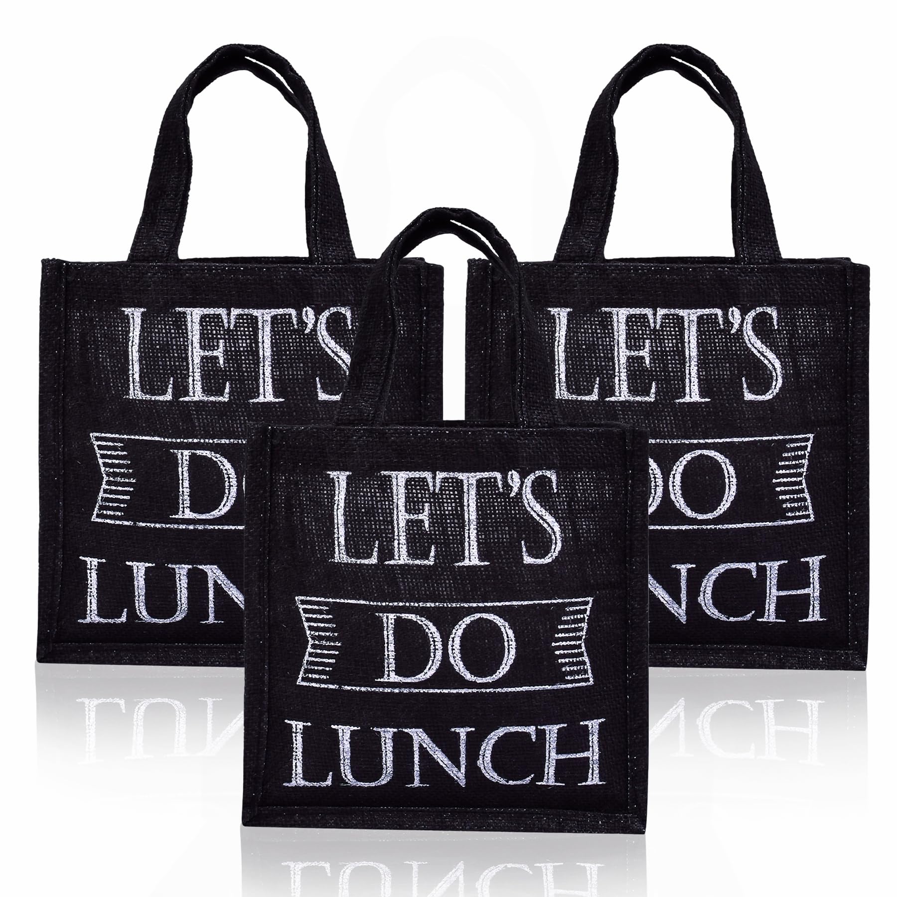 Kuber Industries Reusable Jute Lunch Bag with Handle - Eco-Friendly Office Lunch Tote for Work, School & Picnics - Pack of 3 Small Black Lunch Bags - Perfect for Meal Prep & Daily Commuting