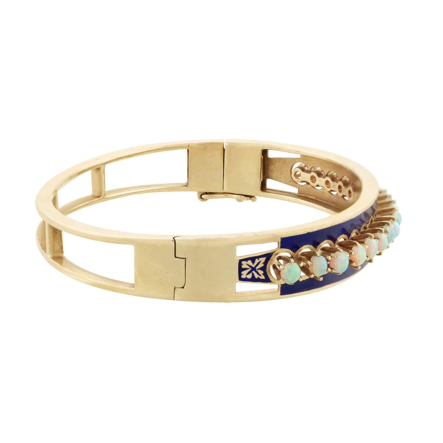 14K Victorian Style Opal & Blue Enamel Bangle Bracelet for Women - Elegant Jewelry Gift for Weddings, Parties & Special Occasions