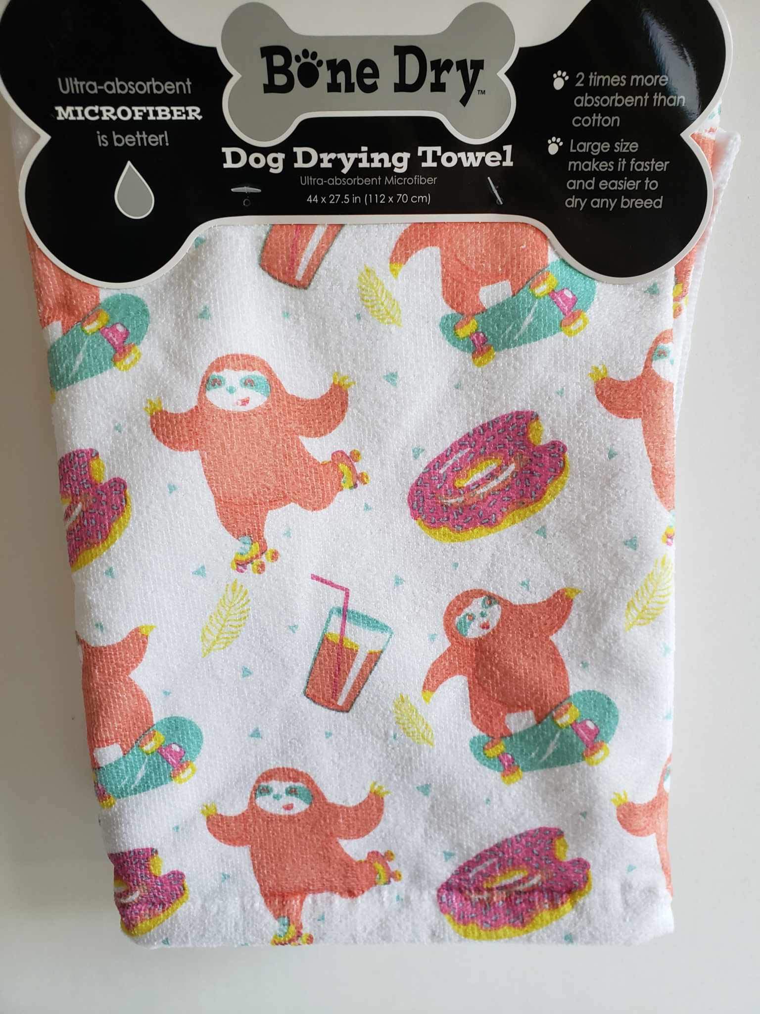 Premium Dog Drying Towel - Super Absorbent Microfiber Pet Bath Towel (White, Sloths & Donuts Design) - Perfect for Post-Bath Drying, Grooming, and Outdoor Adventures