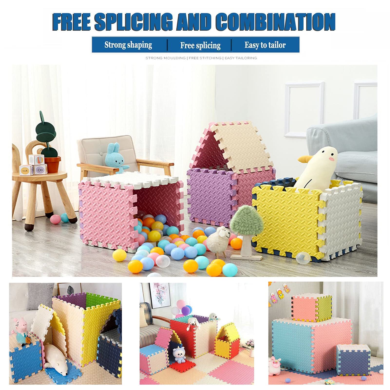 Interlocking EVA Foam Puzzle Play Mat for Kids - 16 Tiles for Baby Crawling & Yoga - Light Pink/Beige/Blue