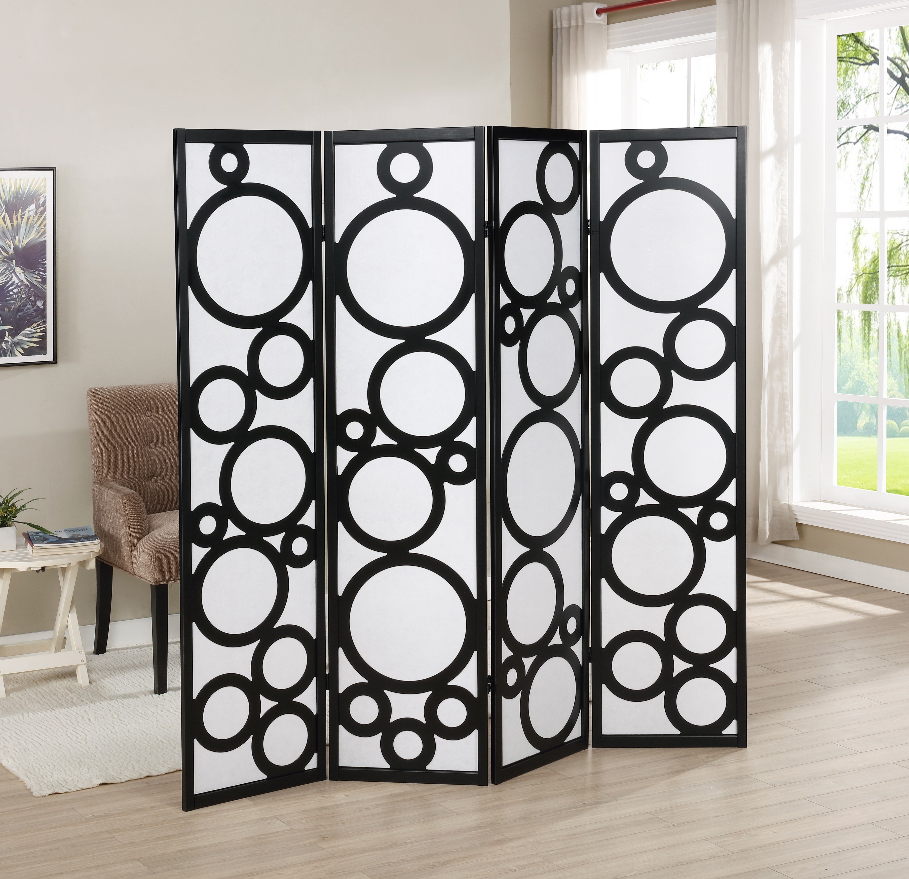 Roundhill Furniture Arvada 4-Panel Wood Room Divider with Decorative Circle Pattern - Black Screen Partition for Home, Office & Studio Privacy