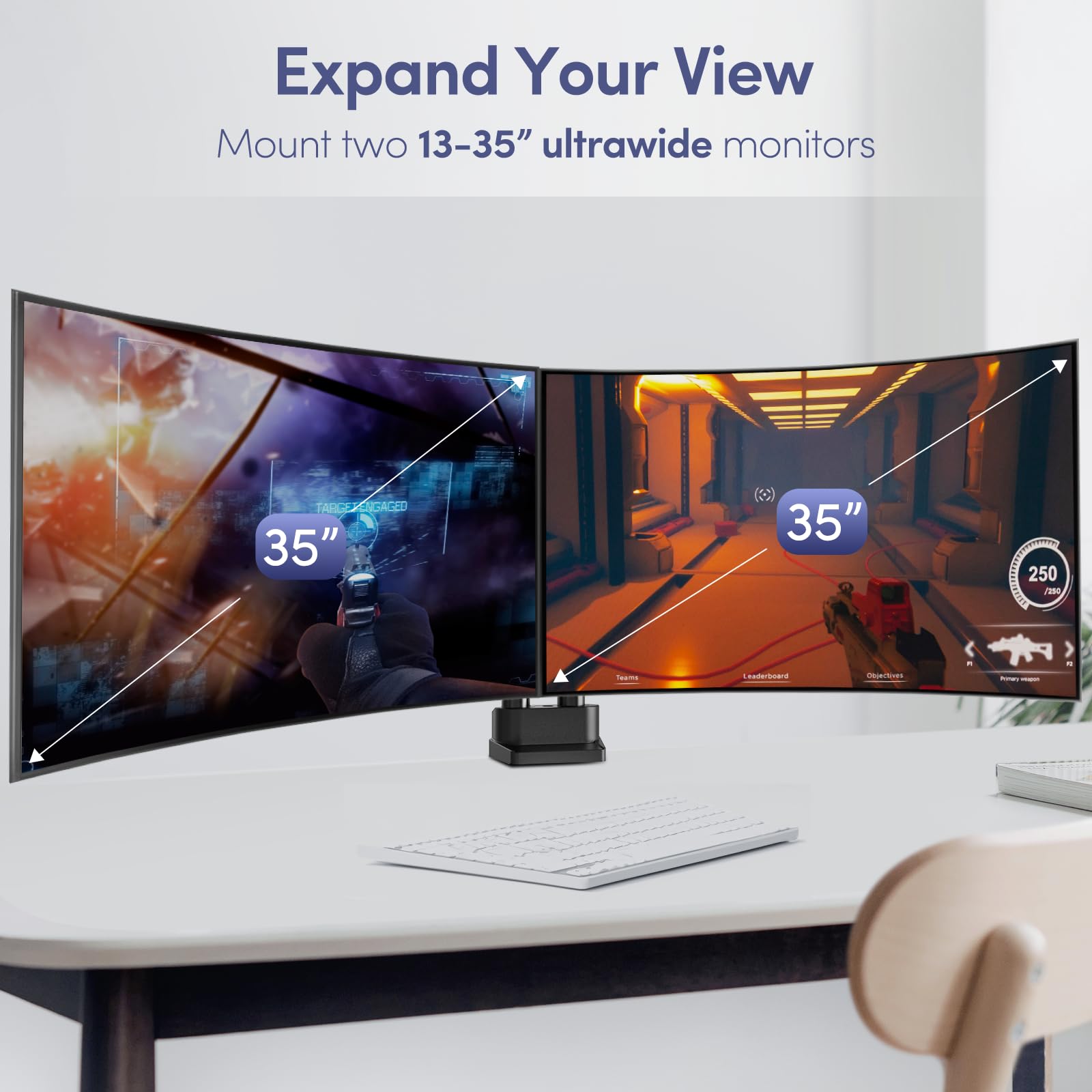 Heavy Duty Dual Monitor Stand for 17-35 Inch Ultrawide Screens - Adjustable Height VESA Mount Desk Clamp for Gaming & Office (4.4-26.4 lbs Capacity, Black) - Perfect for Multi-Tasking, Streaming & Workspace Setup