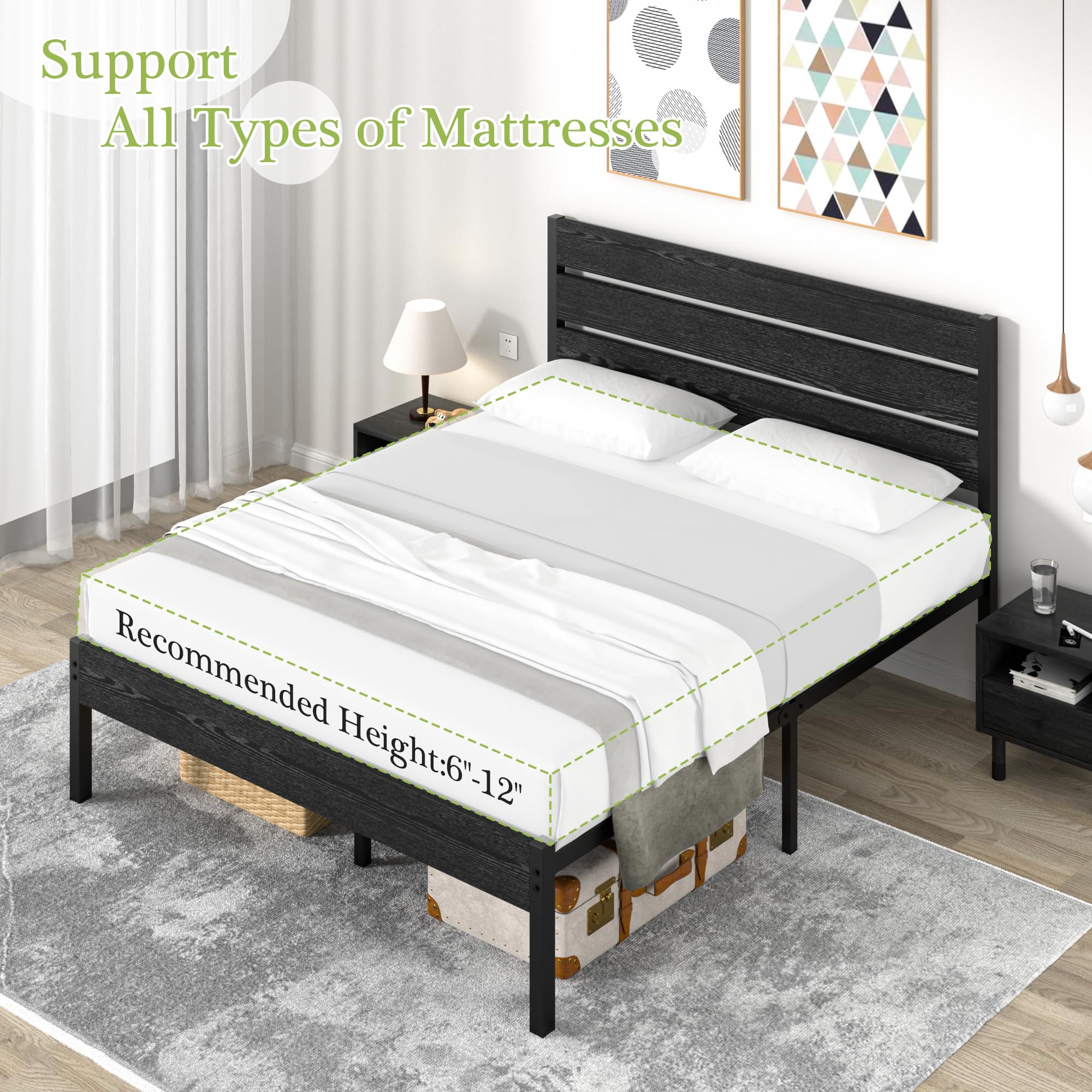 VECELO Queen Size Bed Frame with Wooden Headboard & Footboard - Heavy Duty Metal Platform Frame with Slat Support System, 12 Inch Under Bed Storage Space, No Box Spring Required in Rustic Black Finish | Perfect for Master Bedrooms, Guest Rooms & Small Apartments