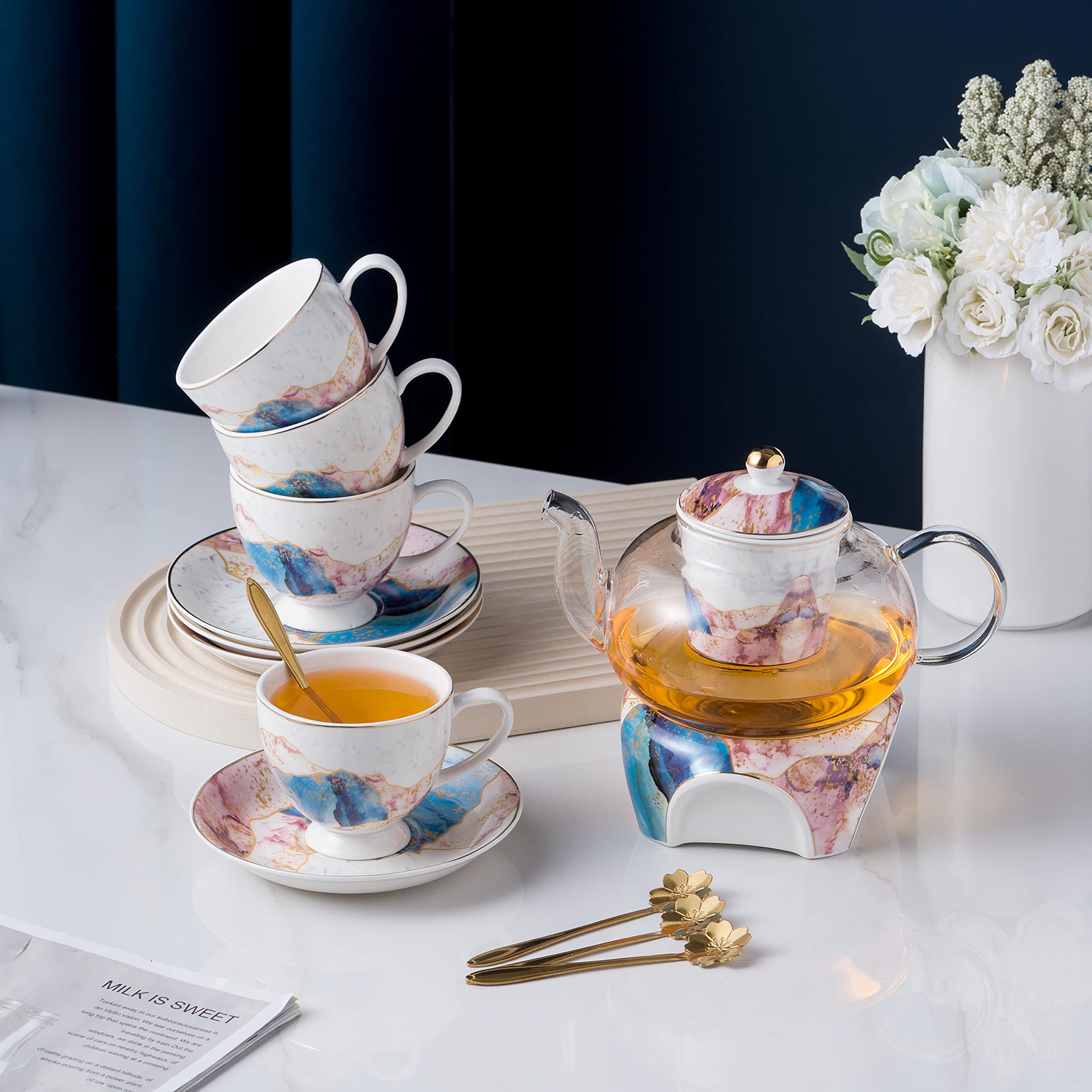 Jusalpha Fine China Rainbow Galaxy Series 16-Piece Glass Tea Set with Infuser, Warmer, Teacups, Saucers & Spoon - Elegant Gift Box - Perfect for Afternoon Tea, Bridal Showers & Home Decor (FD Glass Pot Set 08)