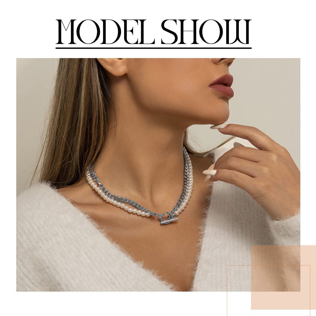 Elegant Uranian Layered Pearl Choker Necklace - Silver Double Chain Fashion Jewelry for Women | Perfect for Parties, Weddings & Evening Events