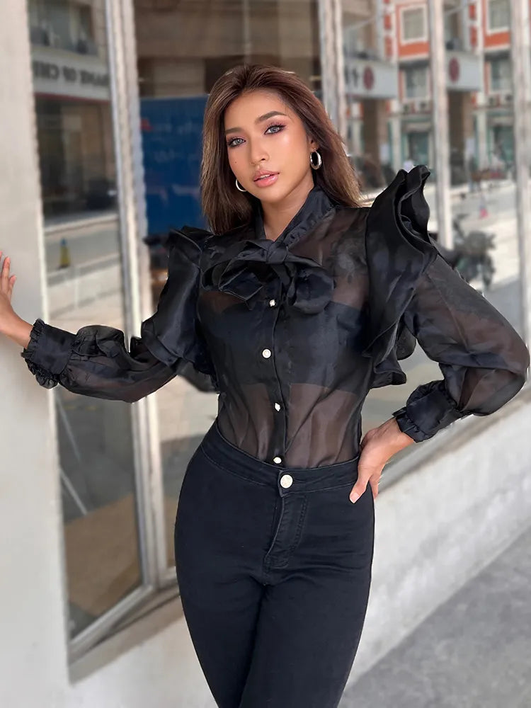 Black Bow Fold Shirt for Women - Stand Collar Lantern Sleeve Patchwork Mesh Bohemian Blouse | Summer Fashion Top for Casual Wear, Beach Outfits & Boho Style