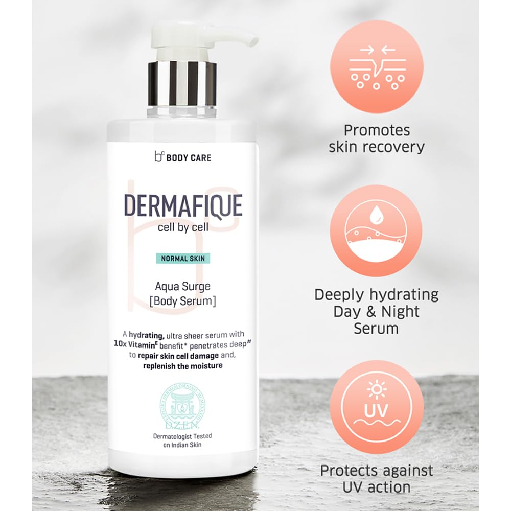 Dermafique Aqua Surge Body Lotion Serum with Shea Butter & 10x Vitamin E - 500ml Moisturizer for Normal Skin | Repairs Skin Cell Damage | Dermatologist Tested | Perfect for Daily Hydration & Post-Shower Care