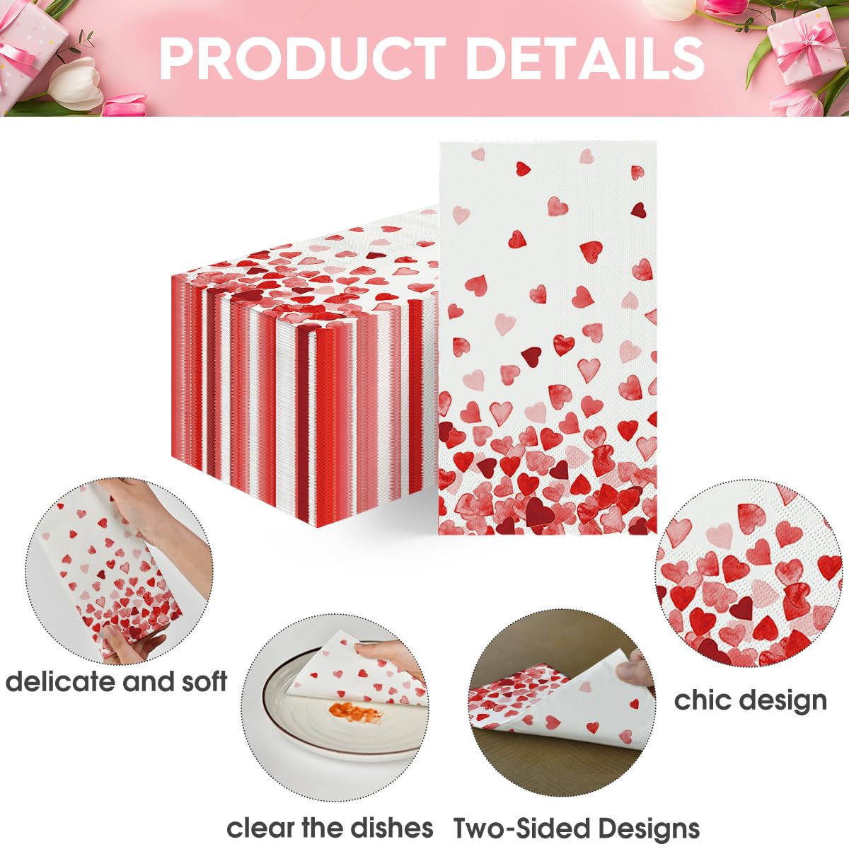 Horaldaily 100-Pack Valentine's Day Disposable Paper Napkins - Decorative Guest Napkins with Tiny Love Hearts for Parties, Lunches, Dinners - Perfect for Kitchen, Bathroom & Holiday Celebrations