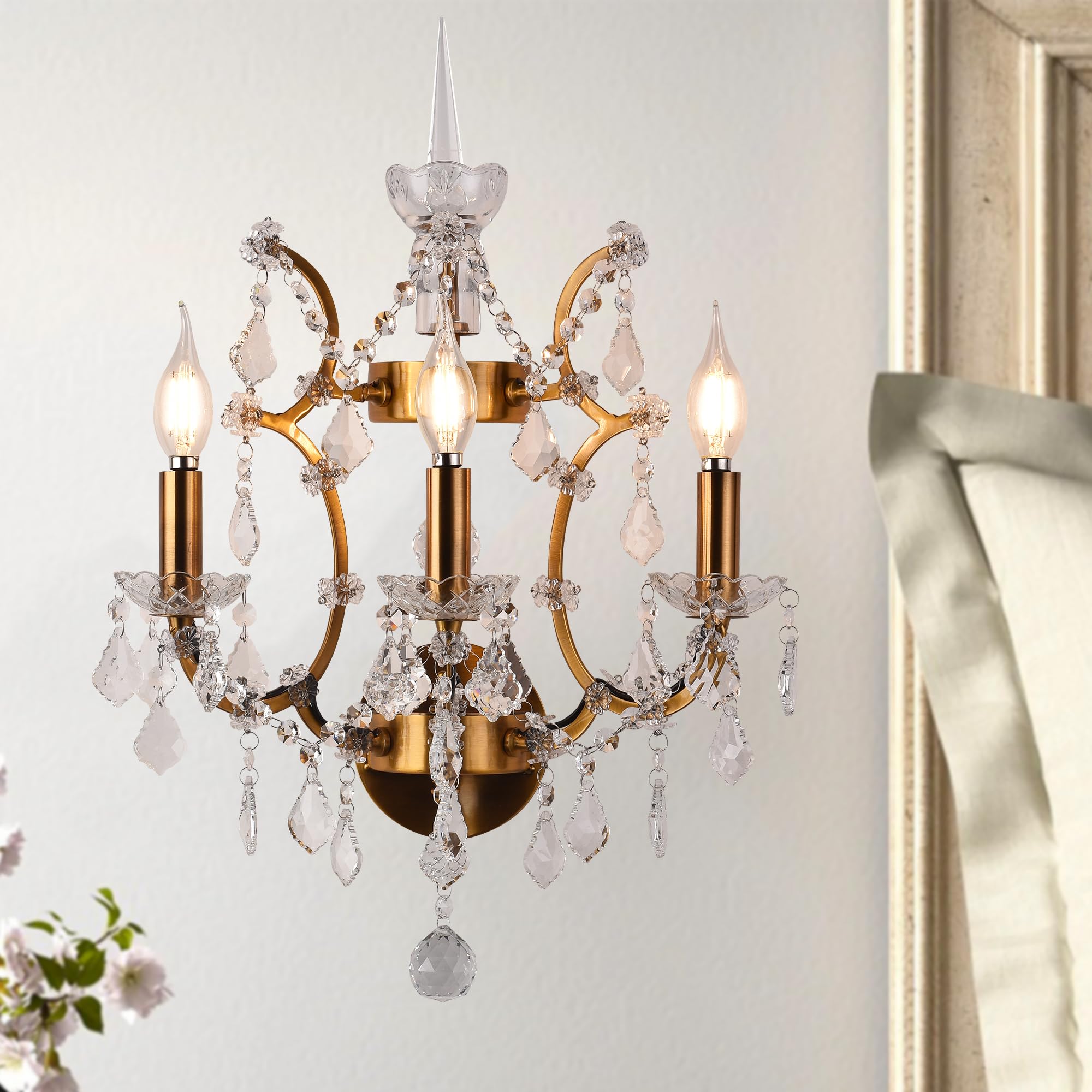 3-Light Candle Wall Sconces - Brushed Brass Candelabra Bathroom Lighting - Modern Clear Crystal Wall Light Fixture for Vanity, Bedroom, Living Room, Hotel & Corridor - Perfect for Ambient Lighting and Home Decor