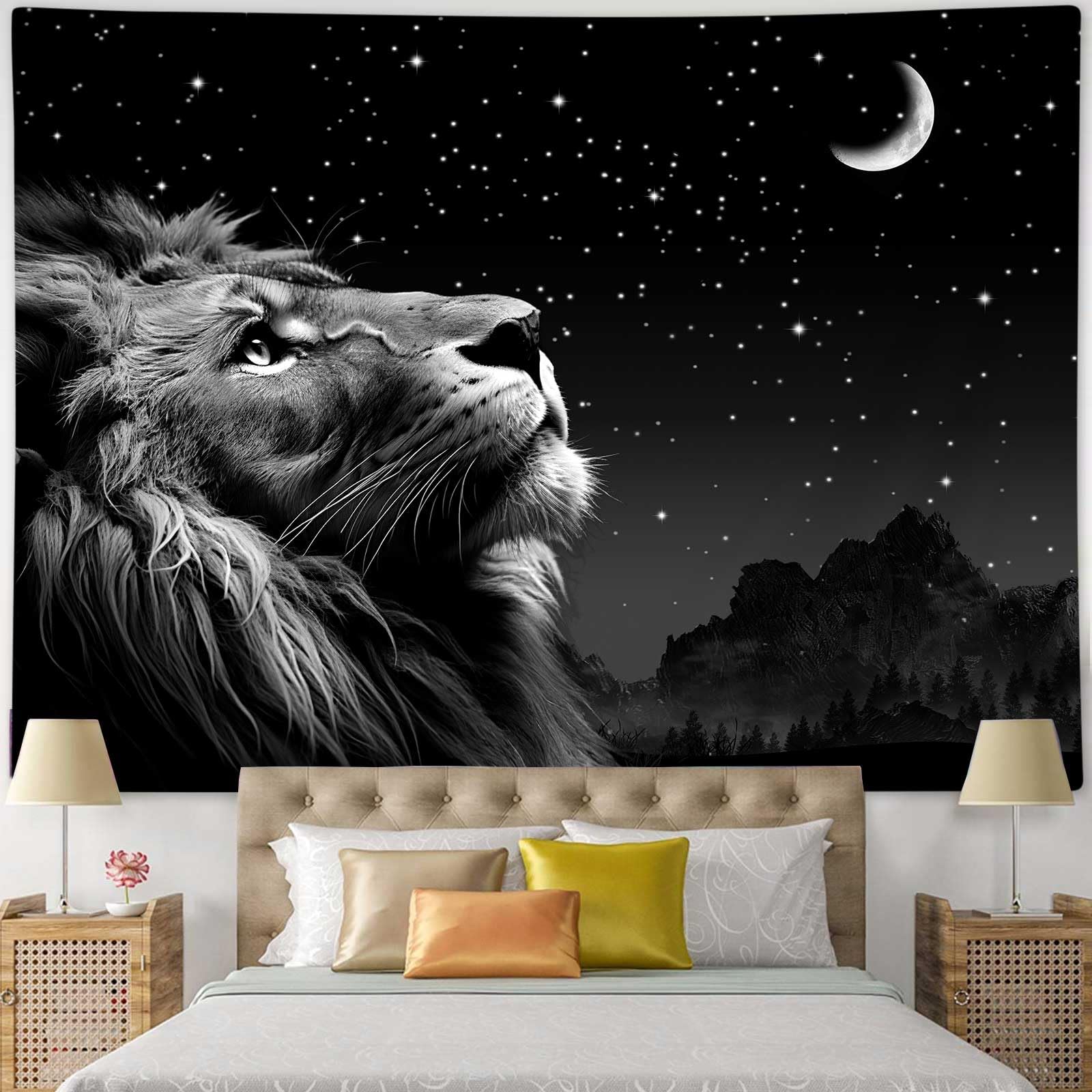 Boziqr Cool Lion and Space Stars Moon Tapestry Wall Hanging - Aesthetic Black Decor for Bedroom, Living Room, Dorm - 60x40 Inches - Perfect for Bohemian Style, Teen Room & Meditation Space