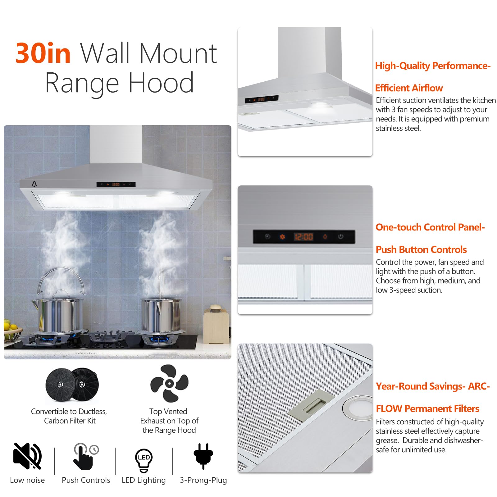 GARVEE 30 Inch Stainless Steel Wall Mount Range Hood 265 CFM - Touch Control, LED Lighting - Powerful Kitchen Ventilation for Smoke & Odor Removal - Perfect for Home Cooking & Grilling