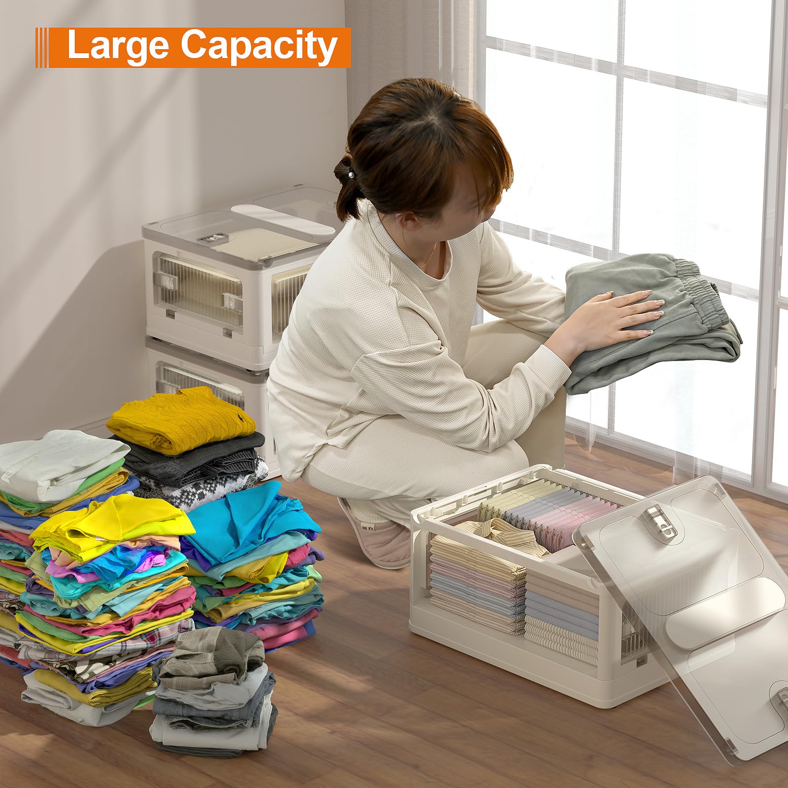 45 Gallon Stackable Storage Bins with Lids & Hidden Wheels - 3-Tier Foldable Plastic Storage Cabinet with 5 Doors | Perfect for Closet Organization, Clothes, Crafts, Bedroom & Office Supplies (White) | Ideal for Home, Office & Garage Storage Solutions