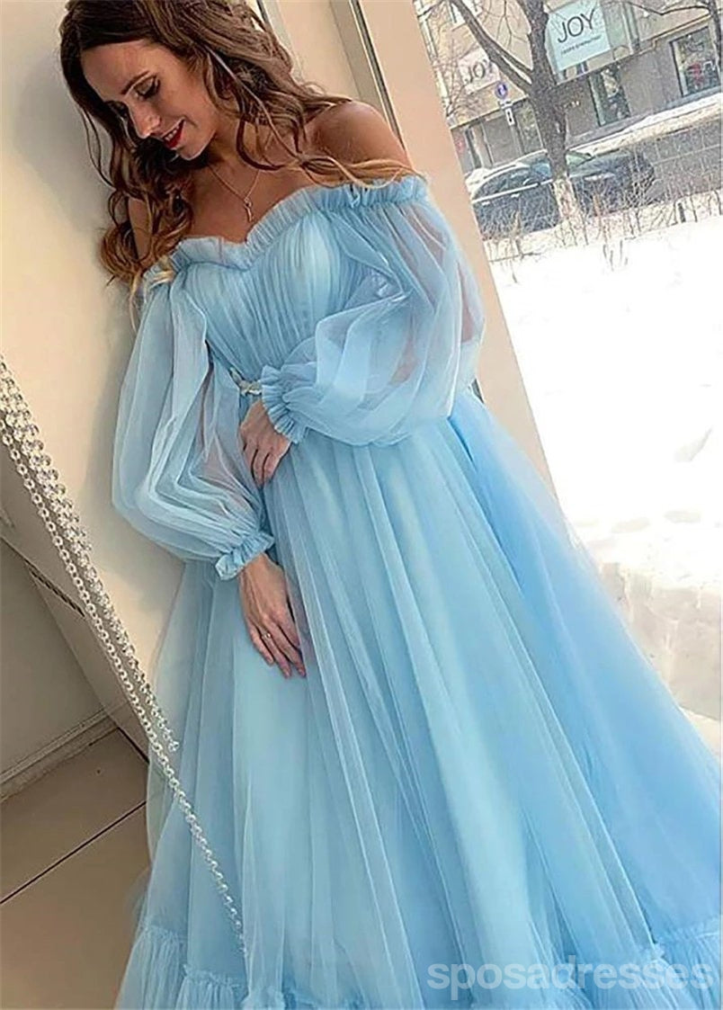 Elegant Blue Off-The-Shoulder Long Sleeve A-Line Prom Dress for Evening Parties & Formal Events | Perfect for Homecoming, Prom Night & Special Occasions
